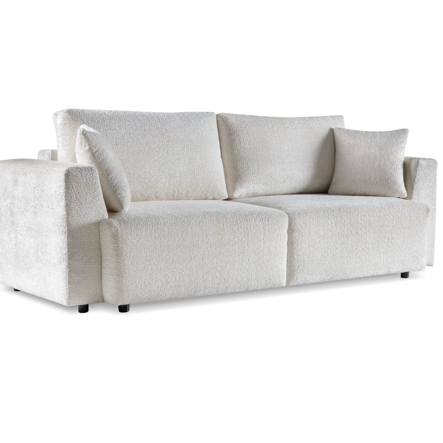 Canapé convertible avec coffre, coussins amovibles et revêtement en tissu bouclé