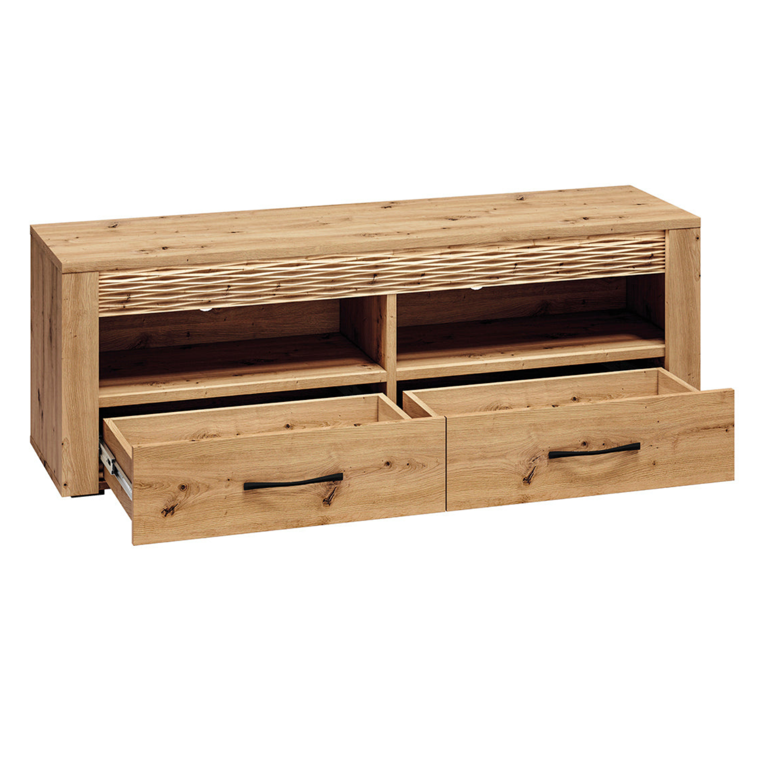 Meuble TV bas moderne – Collection Artisan Épure – Chêne artisanal & MDF rainuré – Tiroirs à extension totale