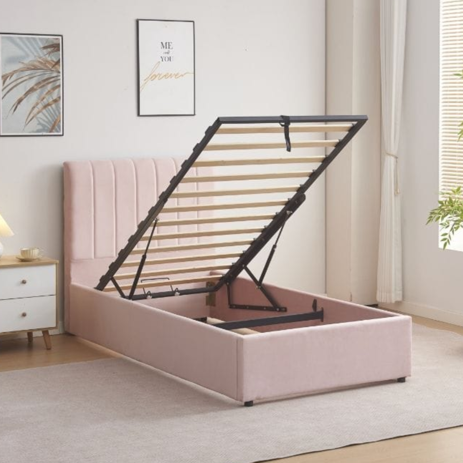 Lit coffre 1 place en velours – Gris, Taupe ou Rose – Compact et avec Rangement