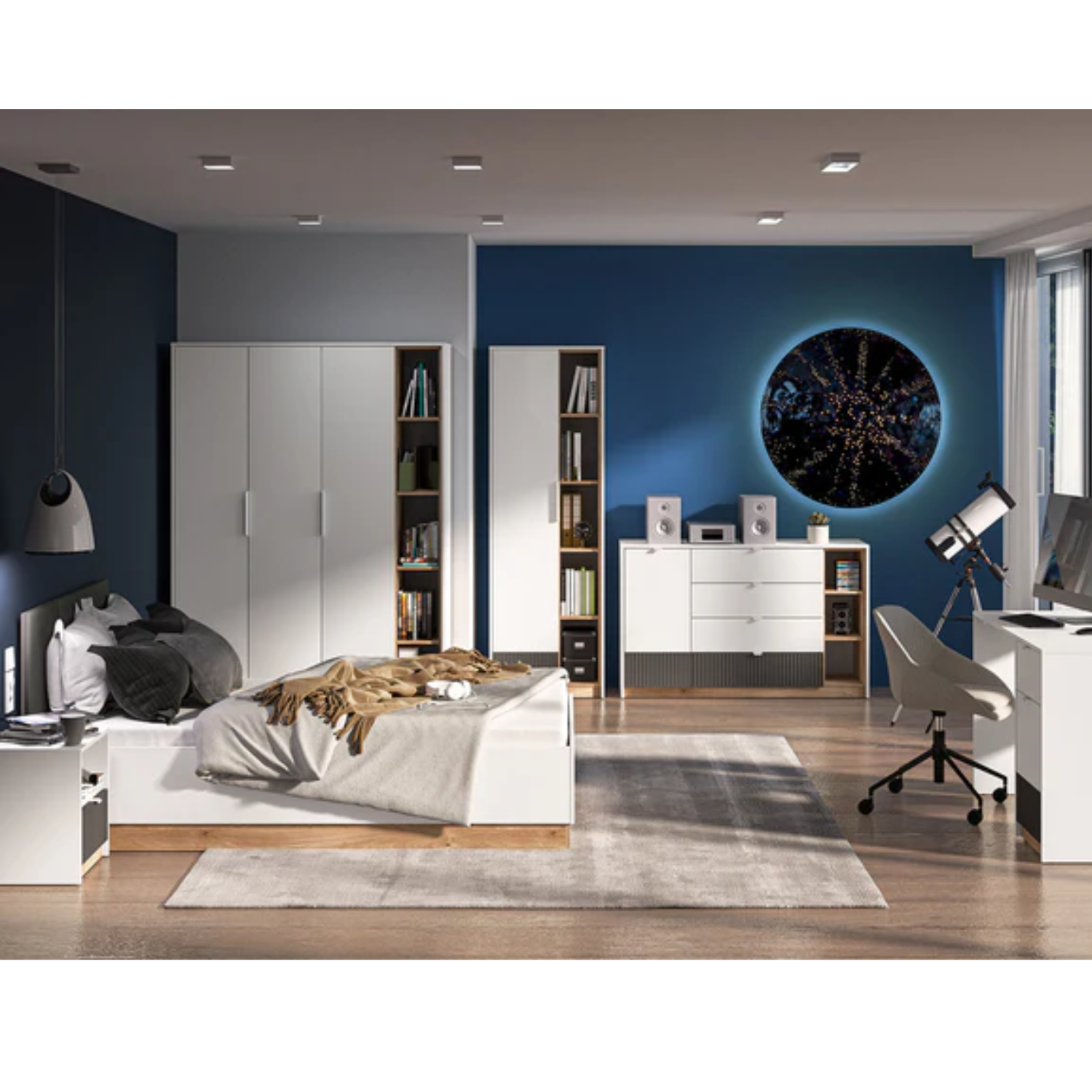 Lit Double Moderne avec Cadre Graphite et Blanc - MDF Haut de Gamme, Résistant aux Rayures et Humidité