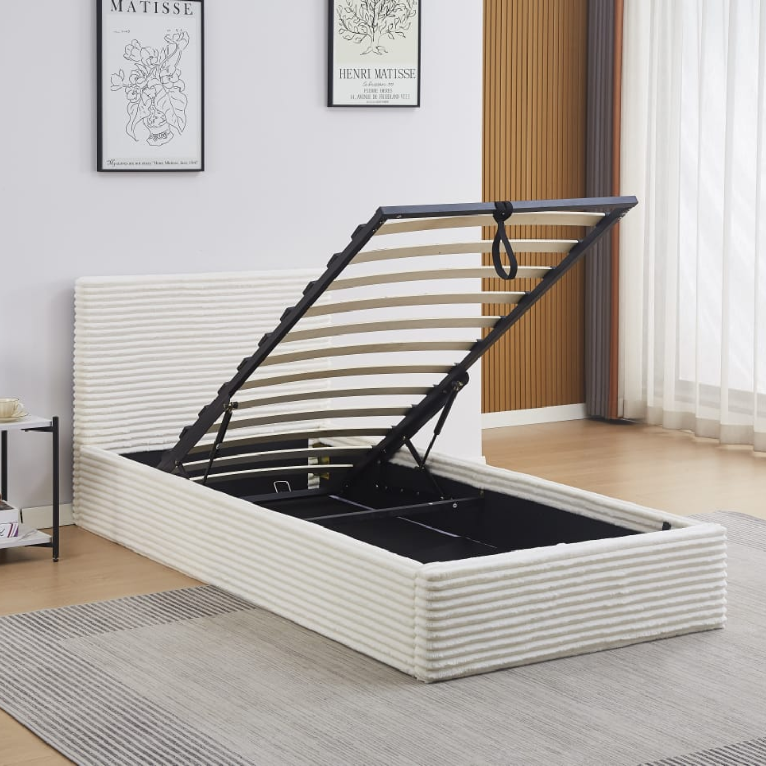 Lit Coffre Côtelé en Velours – Écru ou Gris – 90x190, 140x190, 160x200 cm