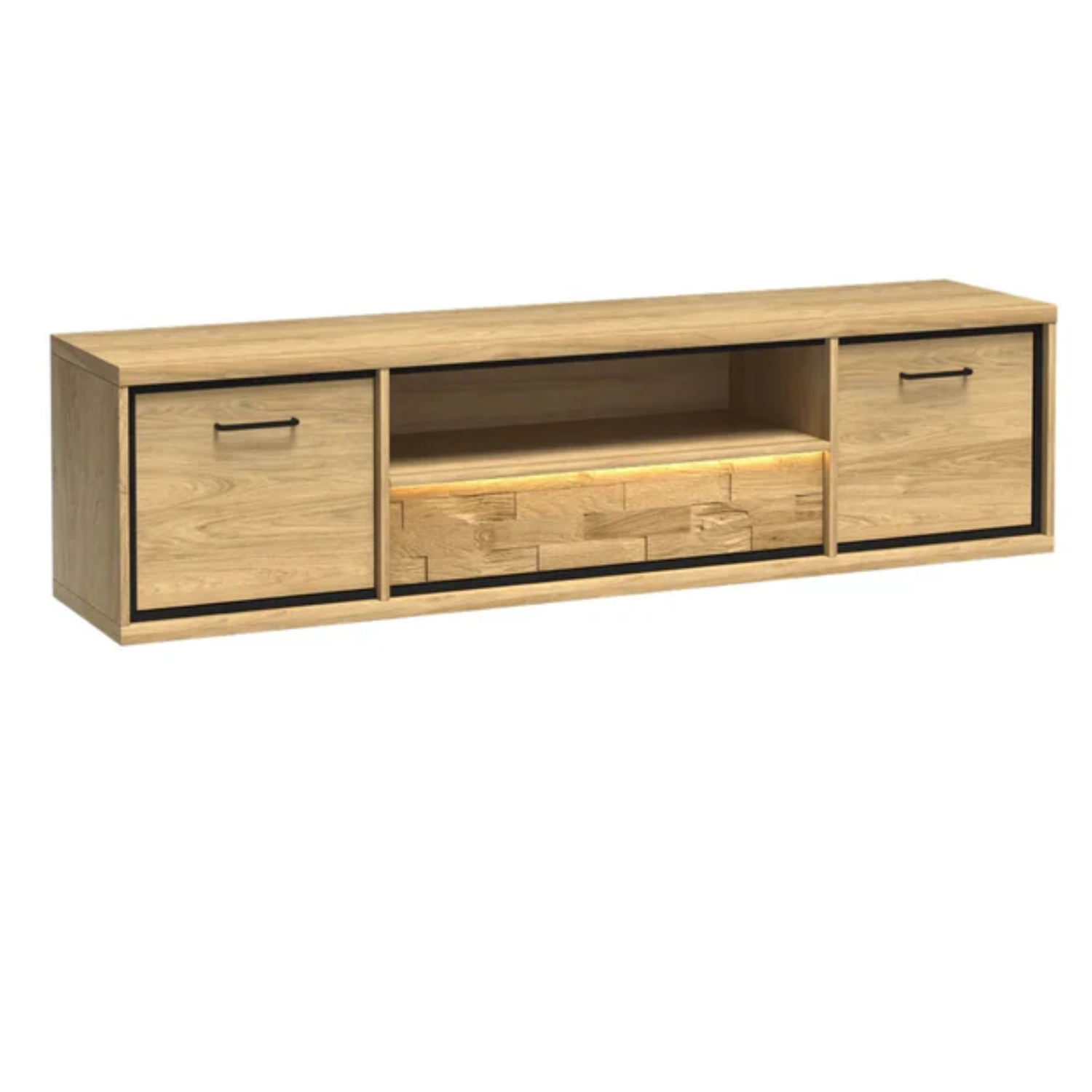 Meuble TV avec tiroir et étagères – teinte bois naturelle en deux dimensions – 139 cm et 181 cm