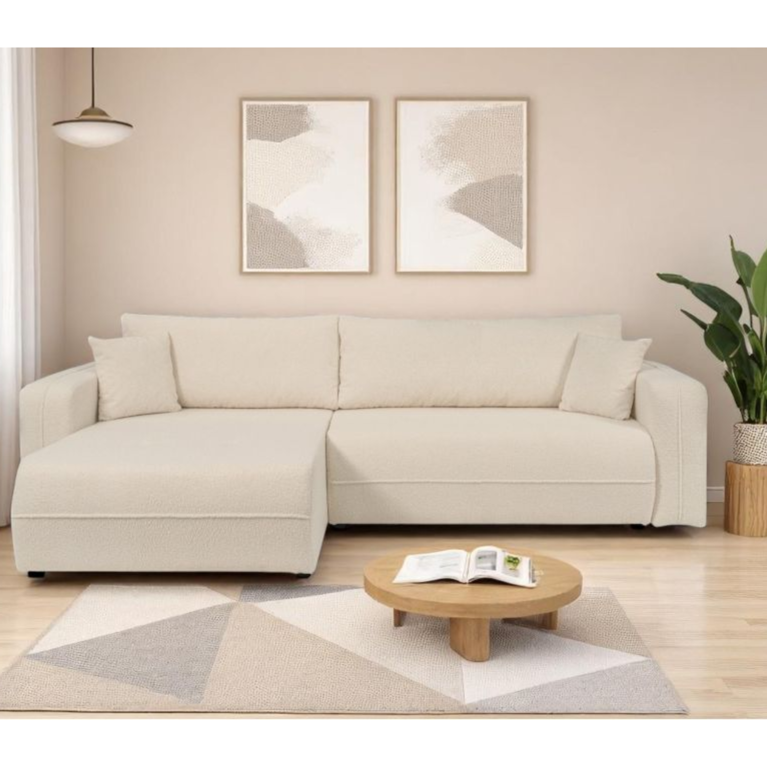 Canapé d'angle max réversible et convertible 5 places en tissu bouclettes