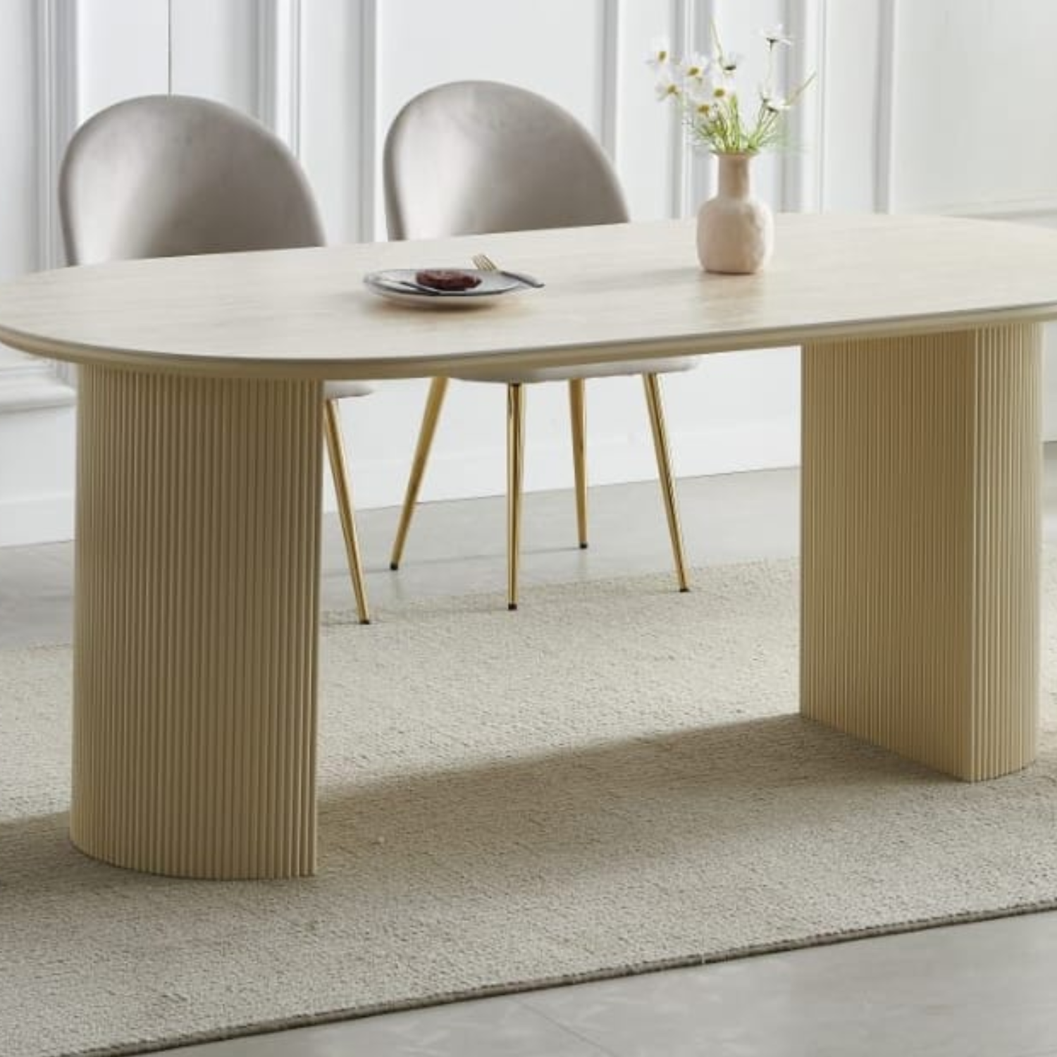 Table à manger – Céramique effet travertin & pieds bois strié - 180 cm