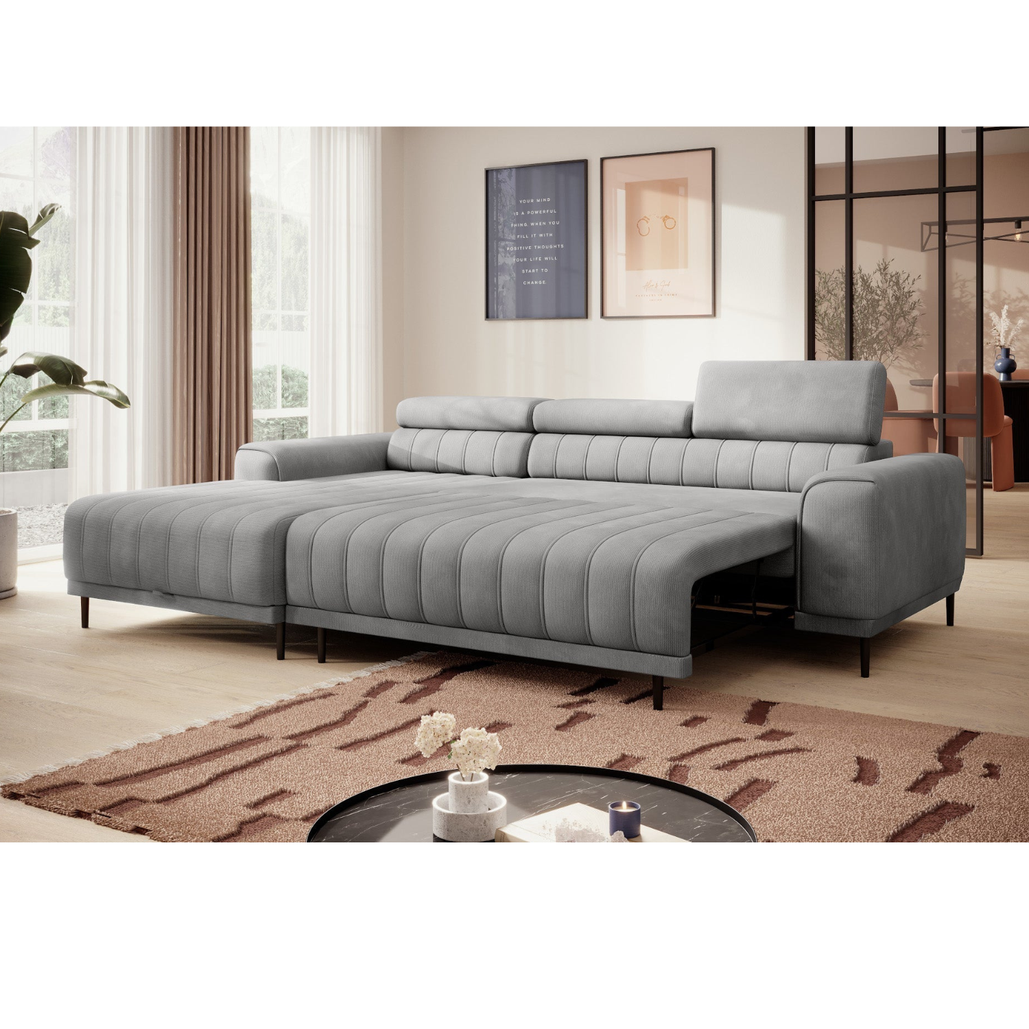 Canapé d’angle – Design moderne, appuis-tête réglables, lit d’appoint & coffre de rangement