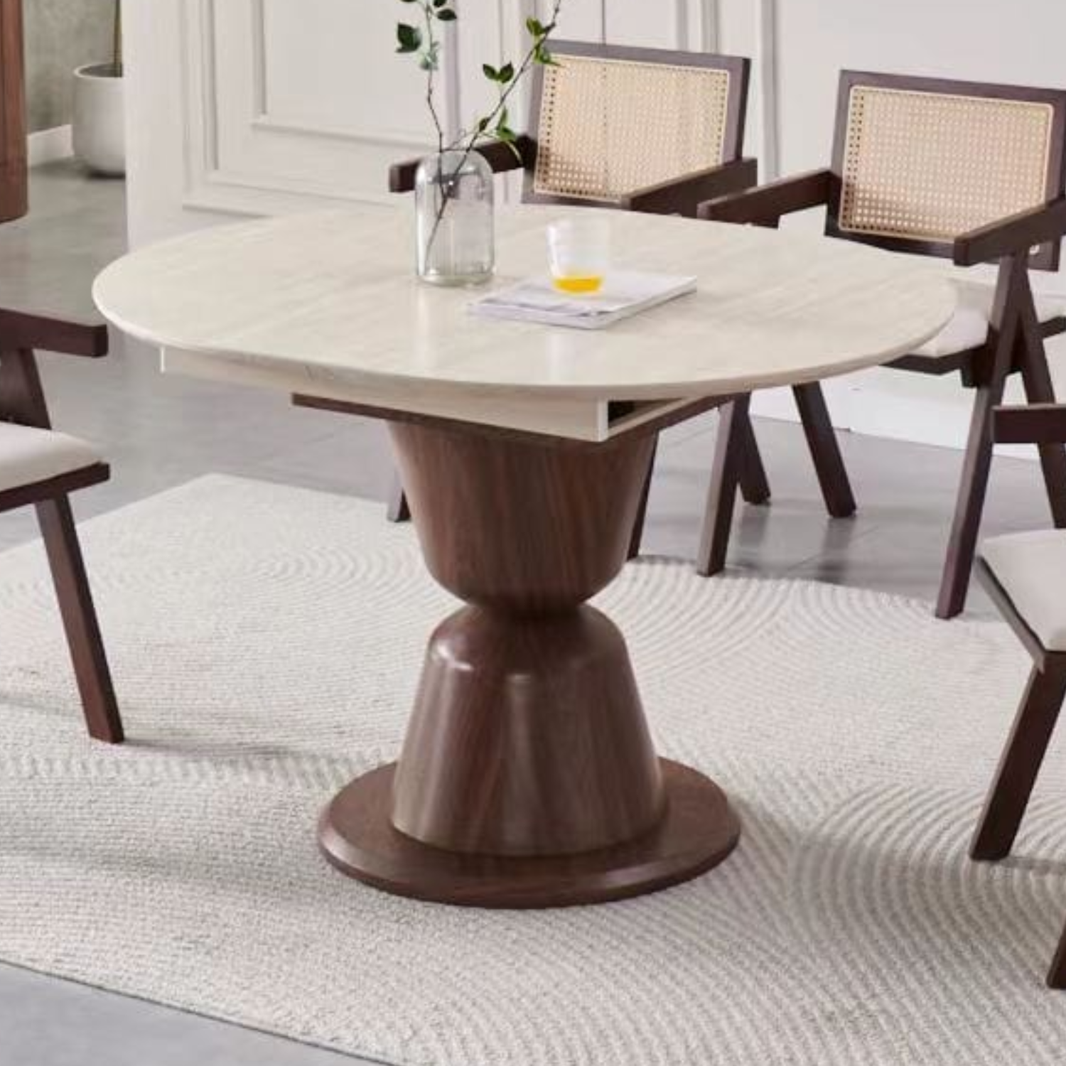 Table à Manger Extensible – Plateau Céramique Travertin et Pieds Noyer