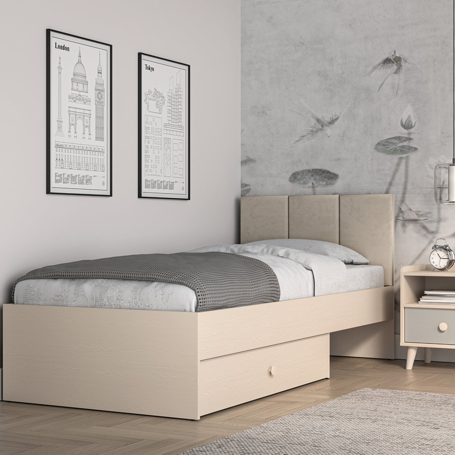 Lit enfant Moderne avec Tête de Lit en Velours Beige et Structure en Sable du Désert – Design Élégant et Confort Assuré
