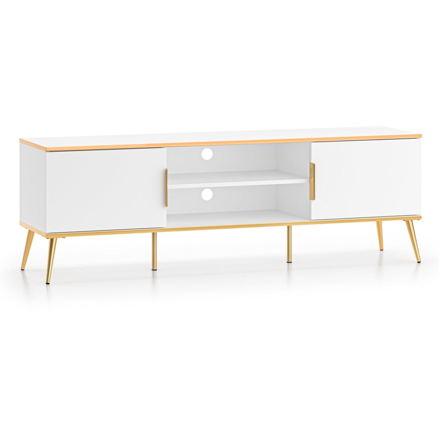 Meuble TV design moderne en bois blanc laqué mat & métal doré – rangement élégant