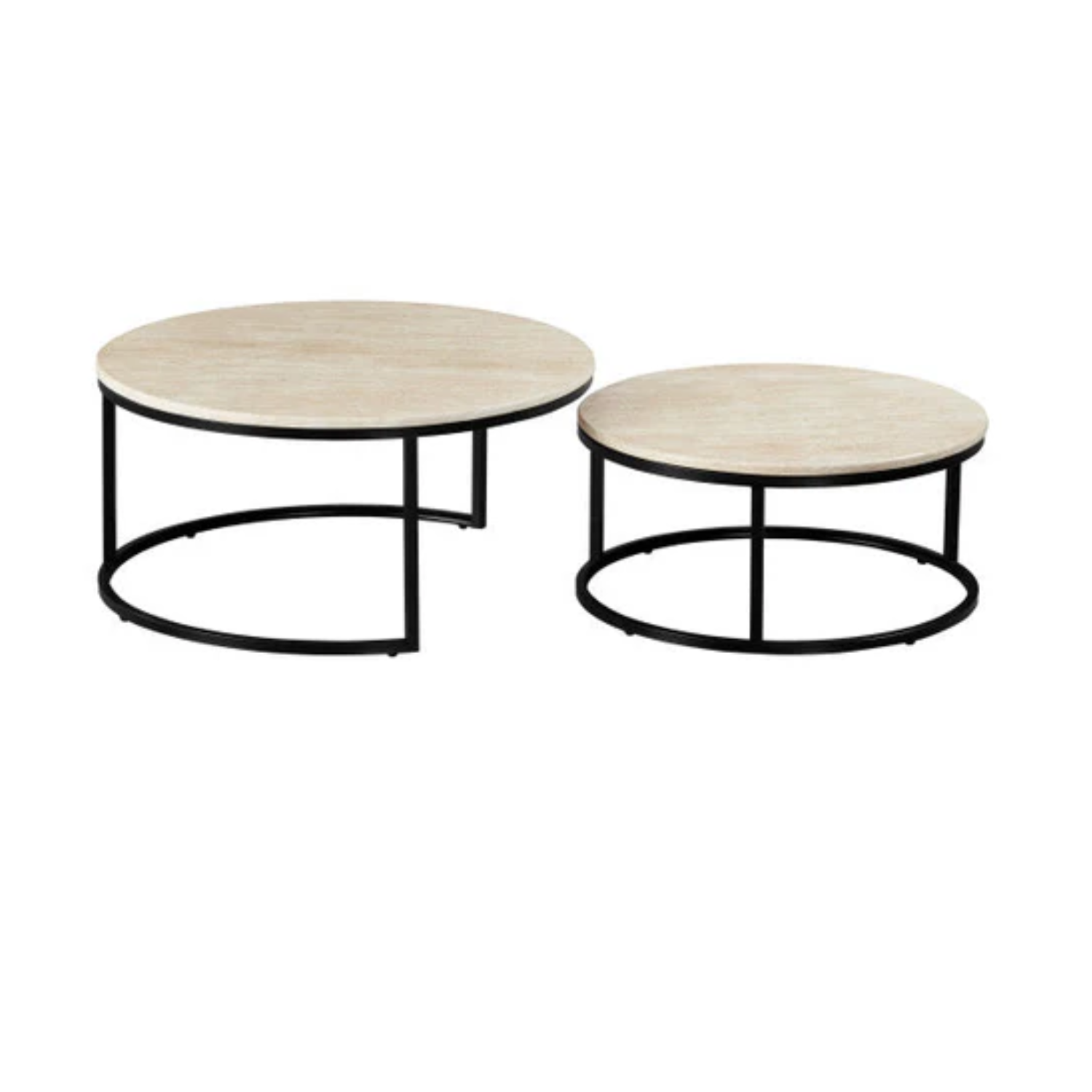 Table Basse Plateau Céramique Effet Travertin Beige & Pieds en Acier Noir