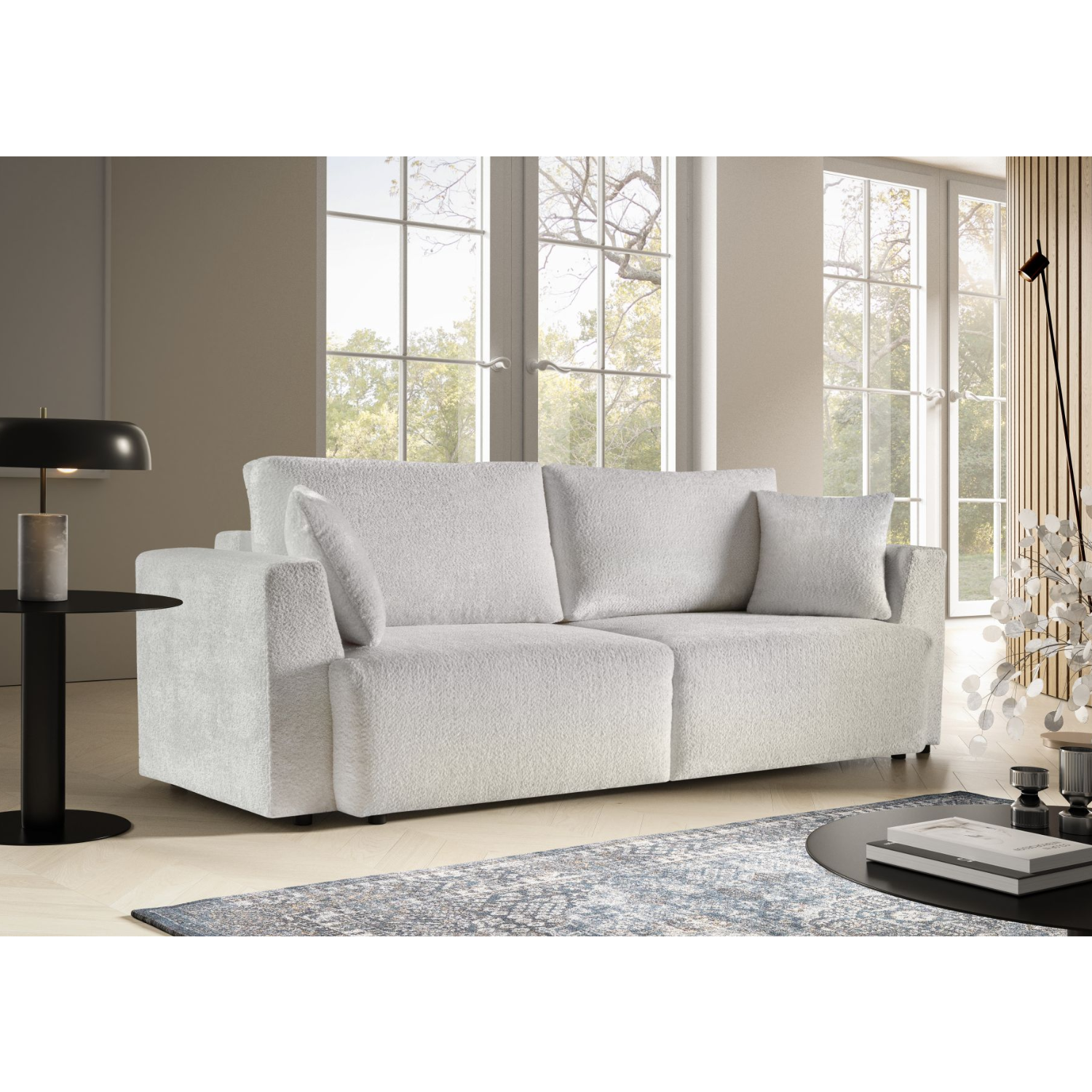Canapé convertible avec coffre, coussins amovibles et revêtement en tissu bouclé