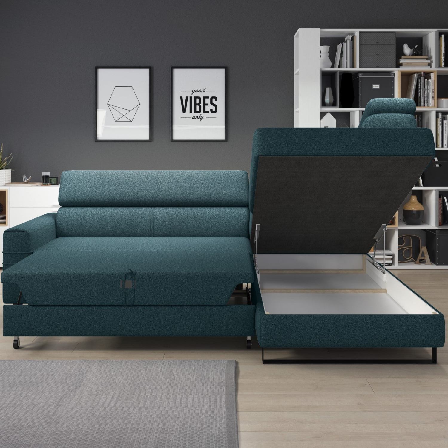 Canapé d'angle moderne avec système DELFIN, fonction lit et appuis-tête mobiles