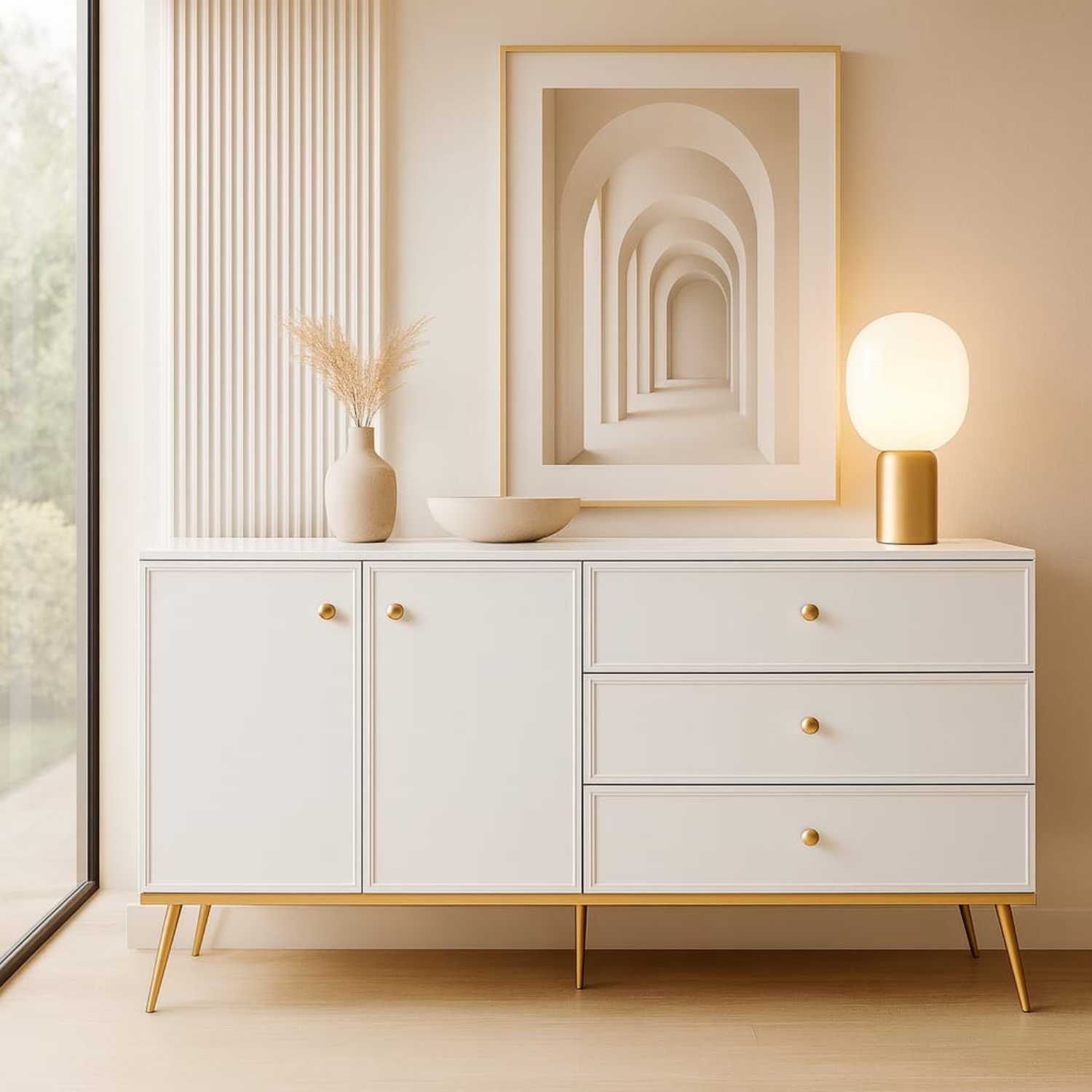 Commode, Buffet, Buffet en Bois Blanc Laqué Brillant avec Pieds Dorés