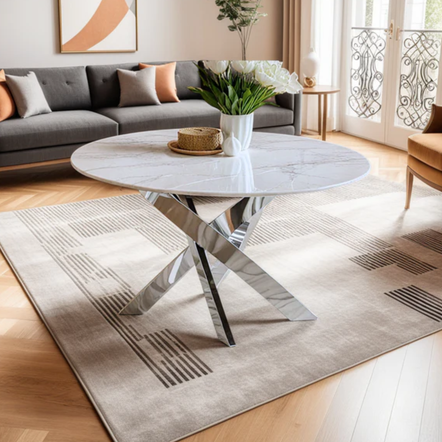 Table Basse Ronde en Verre ou Effet Marbre avec Structure Dorée ou Argentée