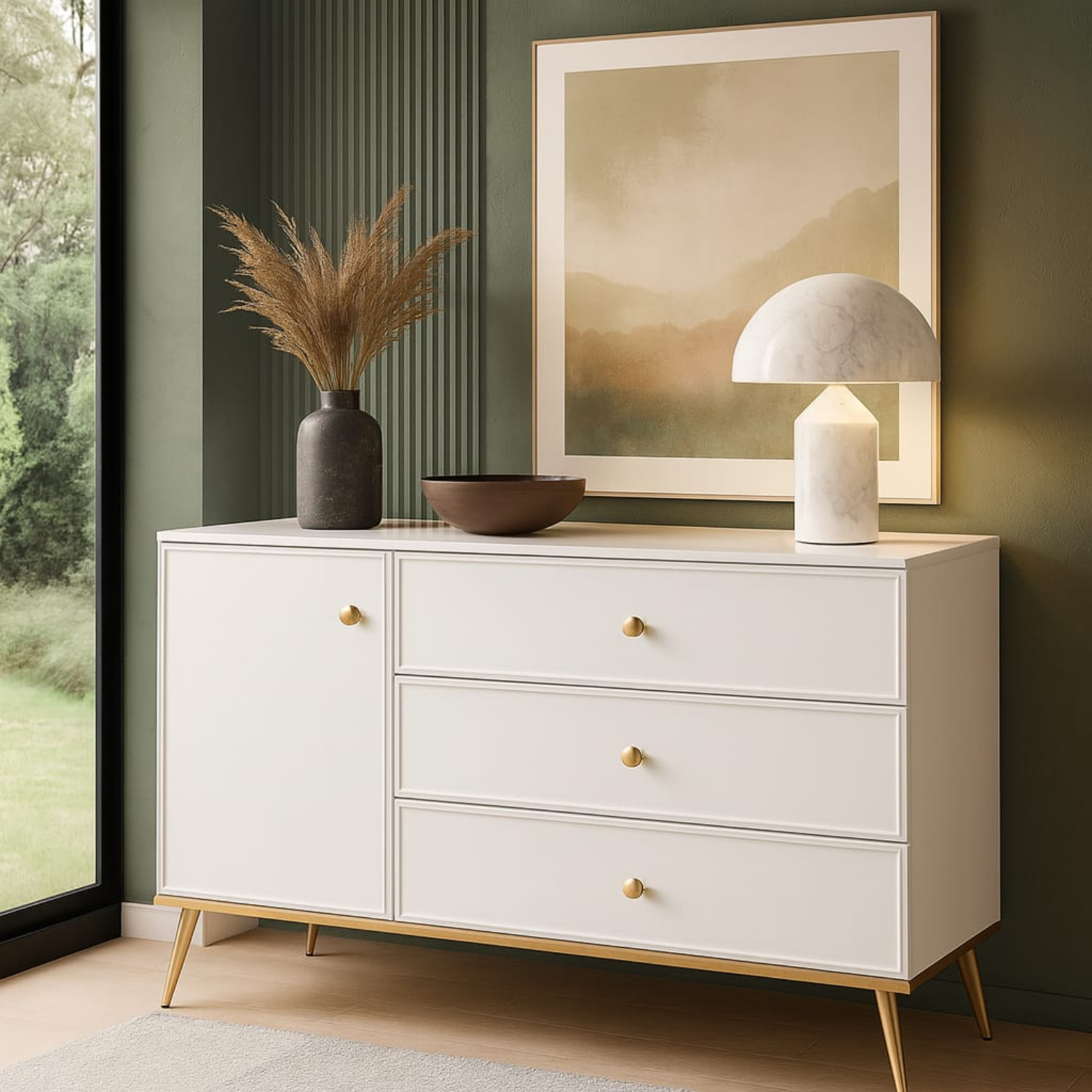 Commode, Buffet, Buffet à tiroirs à extension en blanc laqué brillant avec pieds dorés