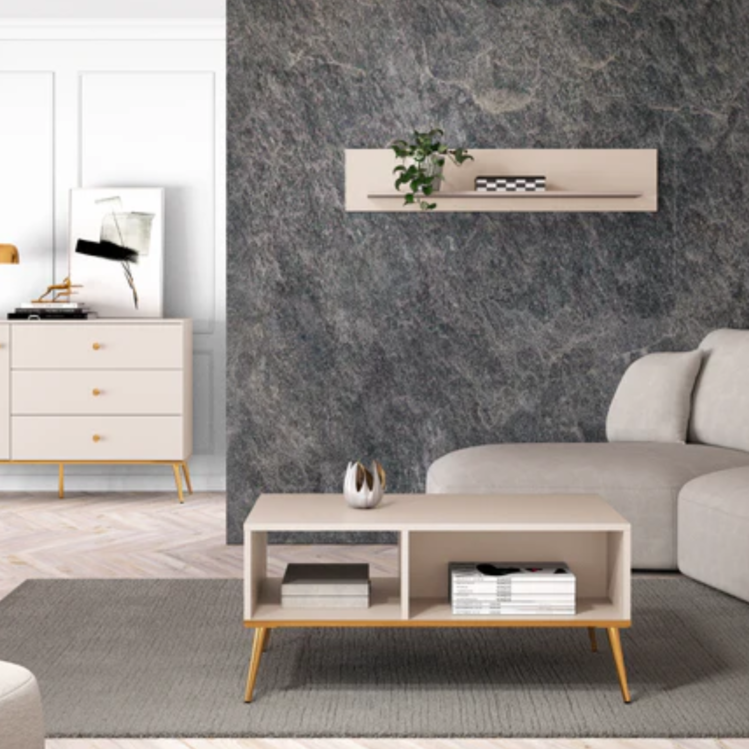 Table Basse  - Design Cachemire avec Pieds Dorés et Rangements Spacieux