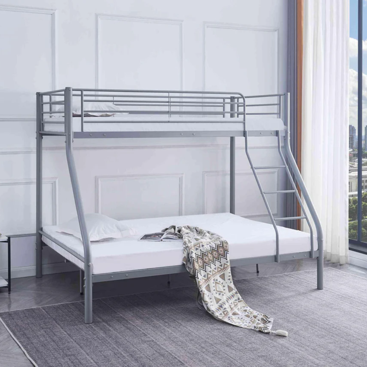 Lit superposé gris avec revêtement et sommiers en acier – 1+1 / 2+1 / 2+2 – 90x190 cm et 140x190 cm