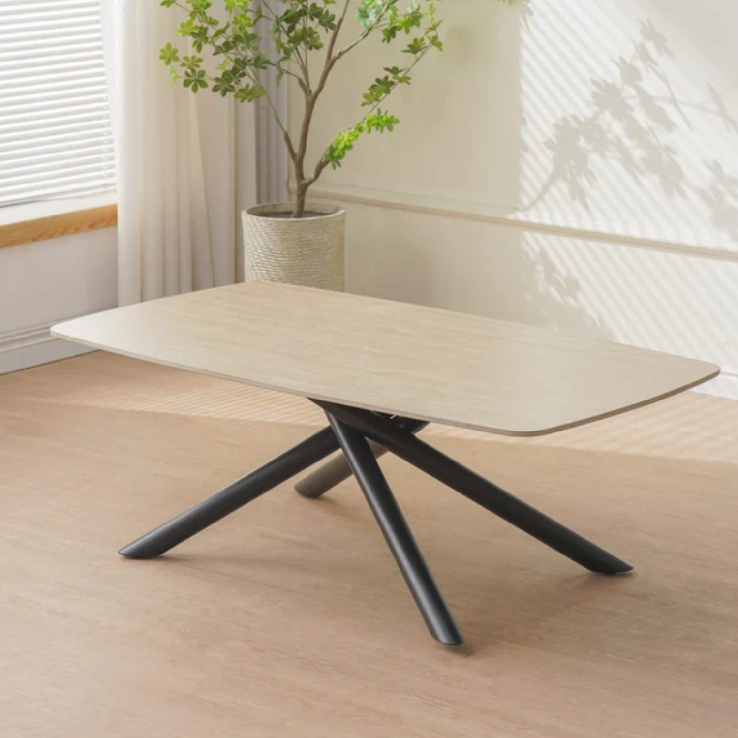 Table basse – Céramique travertin & pieds en métal noir – 120x70x45 cm