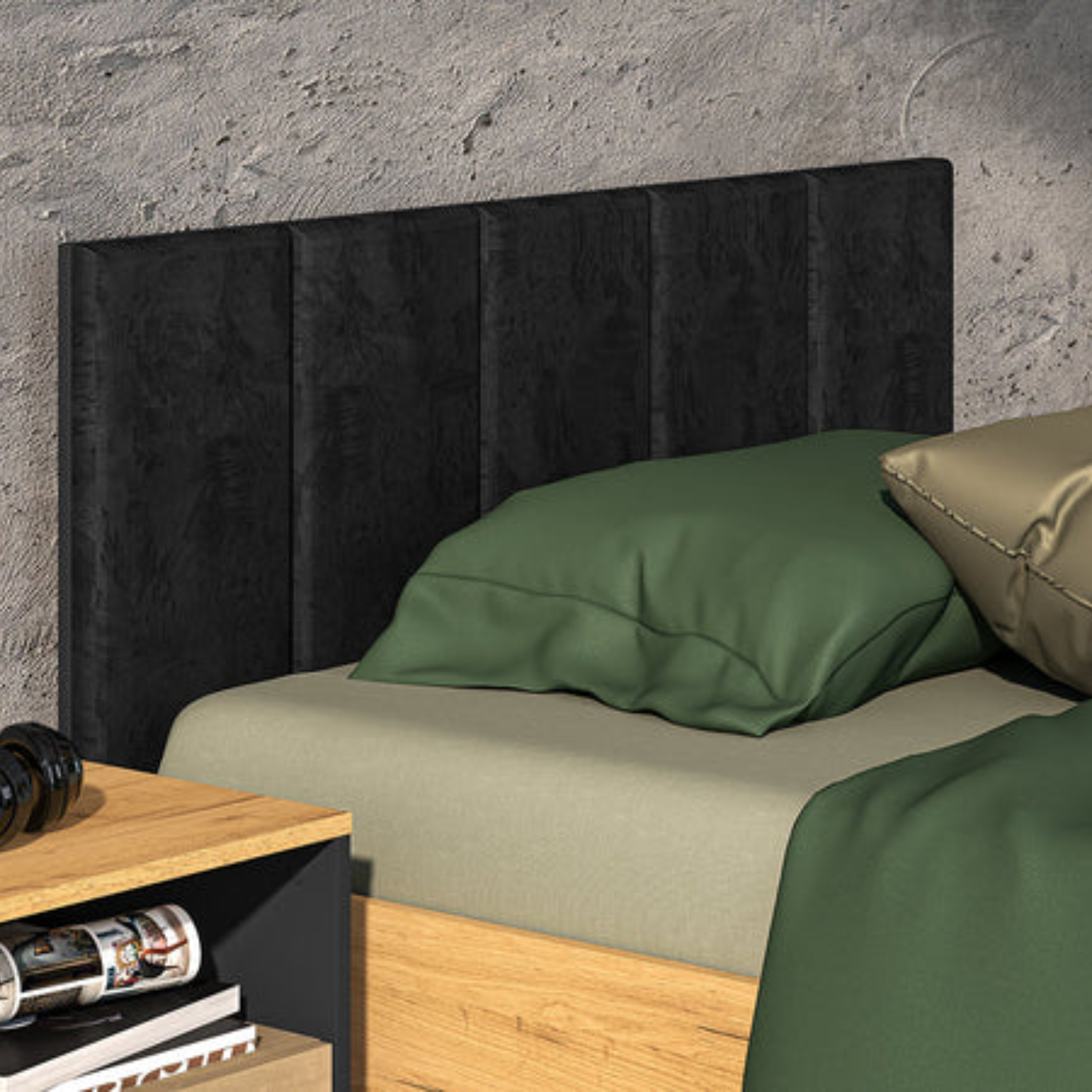 Lit en Chêne Craft Or et Noir avec Appuie-Tête en Velours Noir – Design Élégant et Résistant