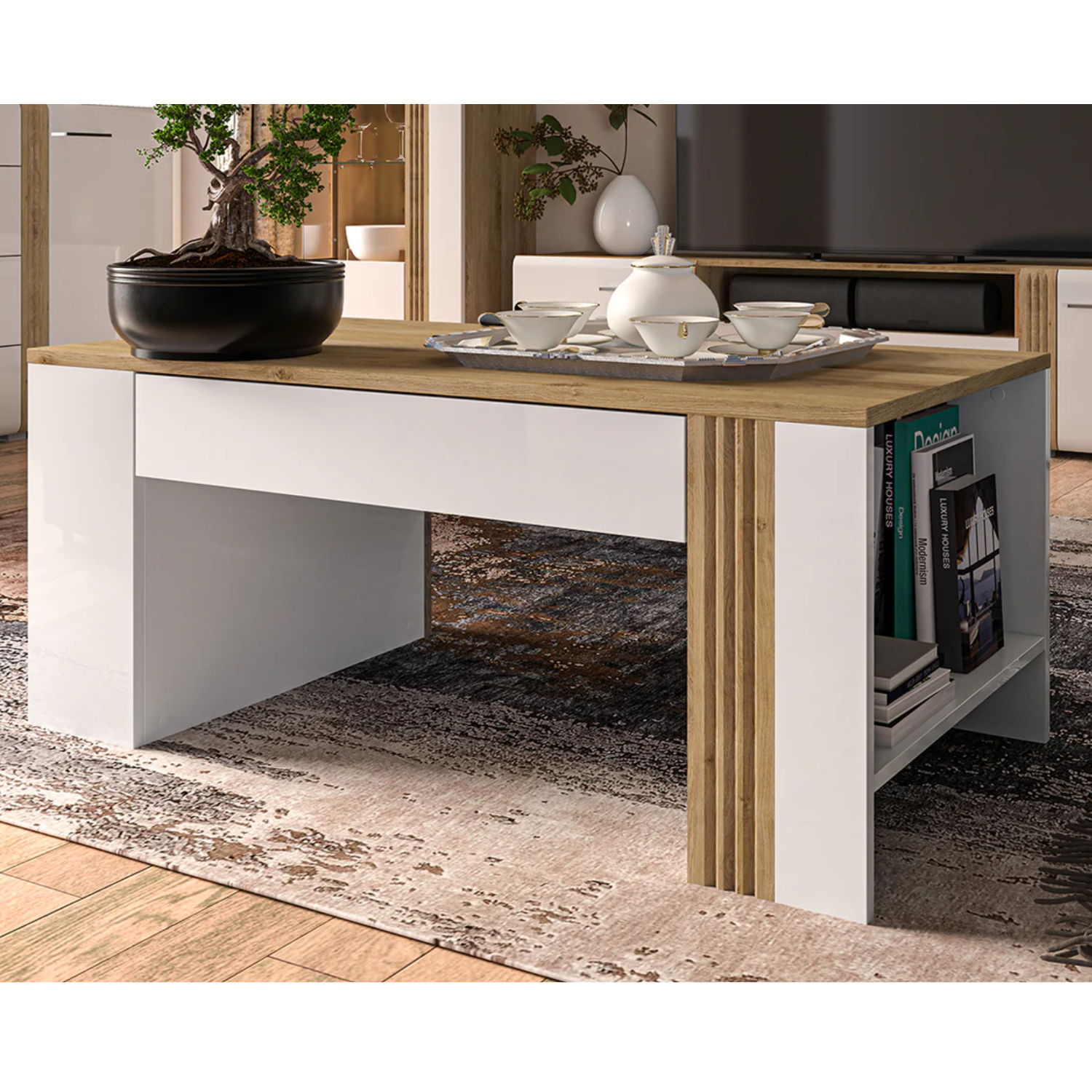 Table Basse Moderne en Chêne Castello et MDF Blanc Brillant