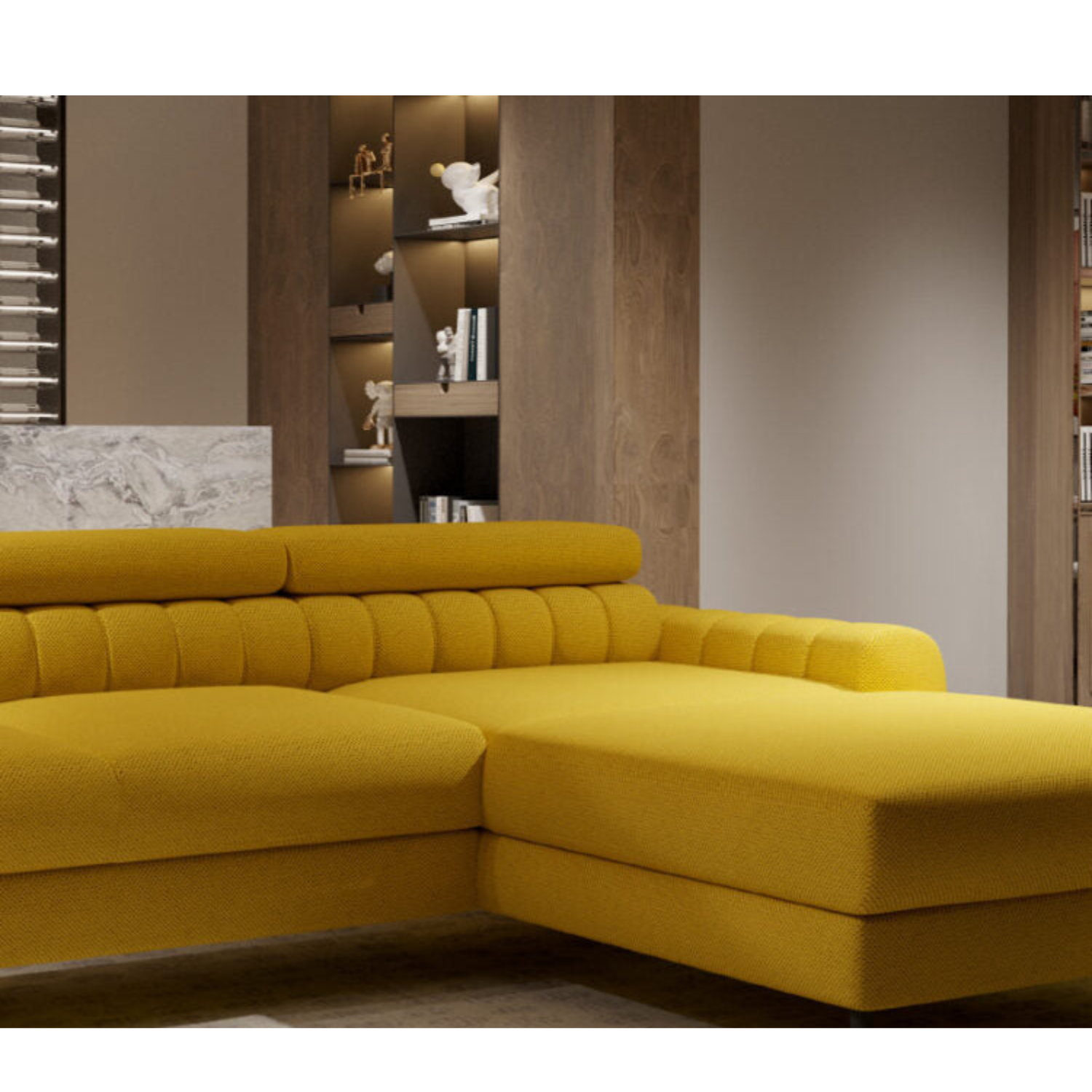 Canapé d’Angle – Compact avec Couchage DELFIN, Coffre de Rangement et Têtières Réglables