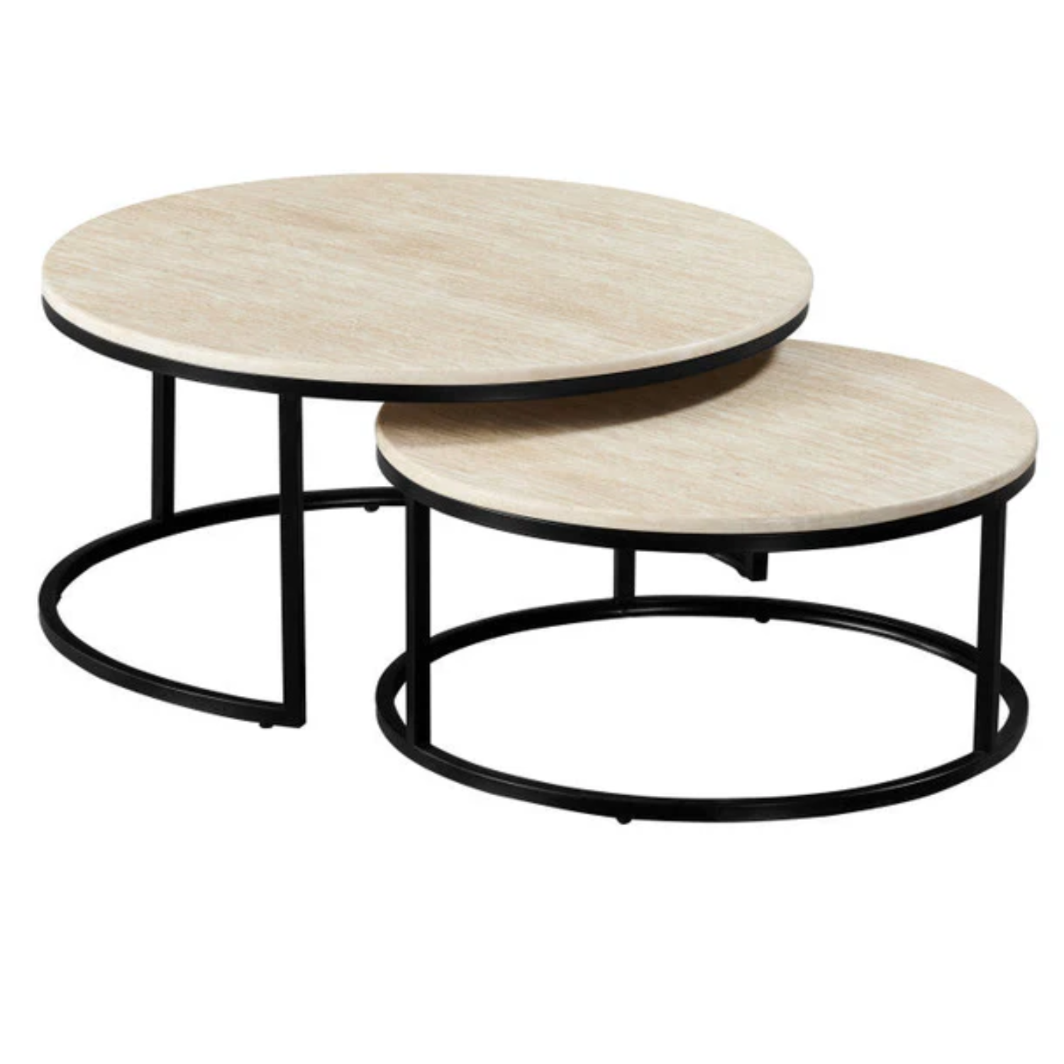 Table Basse Plateau Céramique Effet Travertin Beige & Pieds en Acier Noir