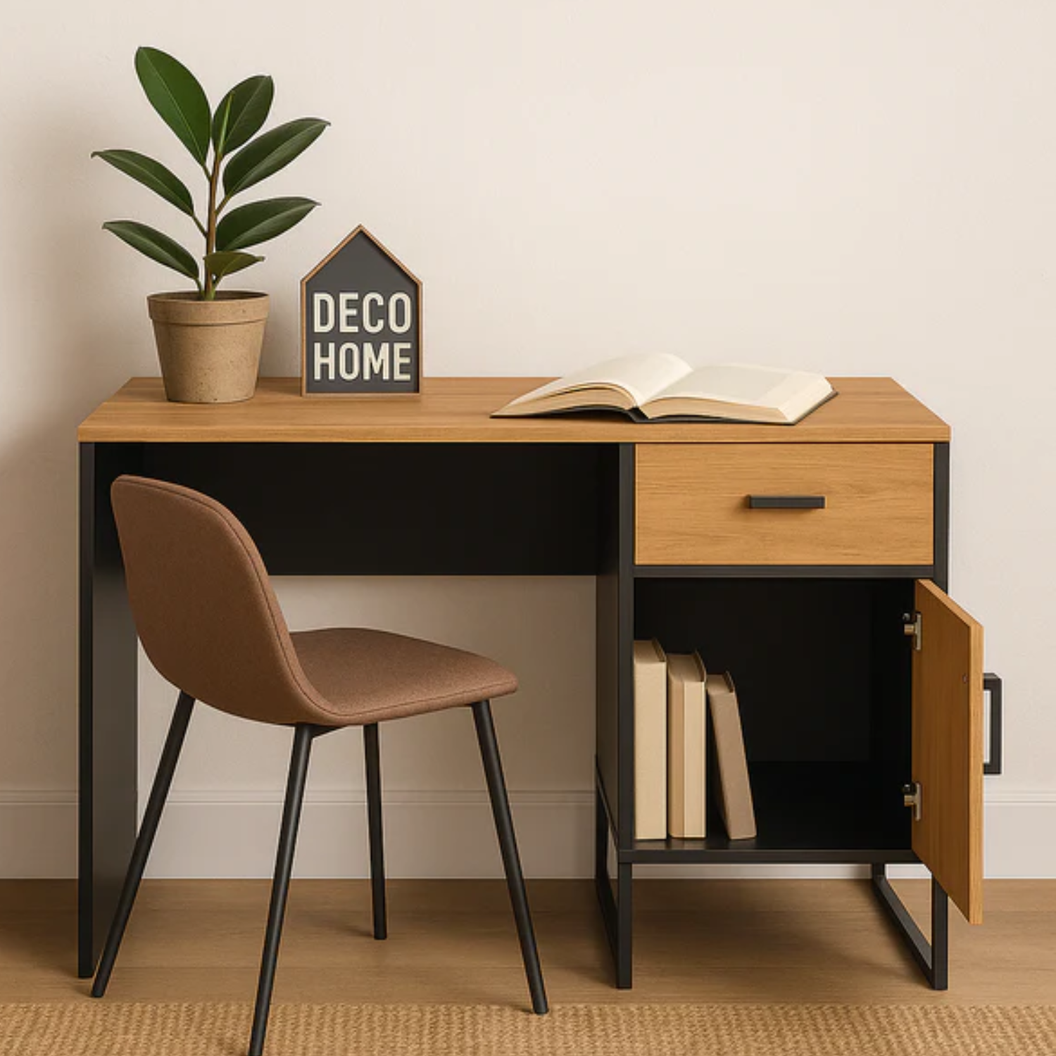 Bureau Design en Chêne Artisan Or et Noir – Plateau Résistant et Finitions Acier Premium – 120 cm
