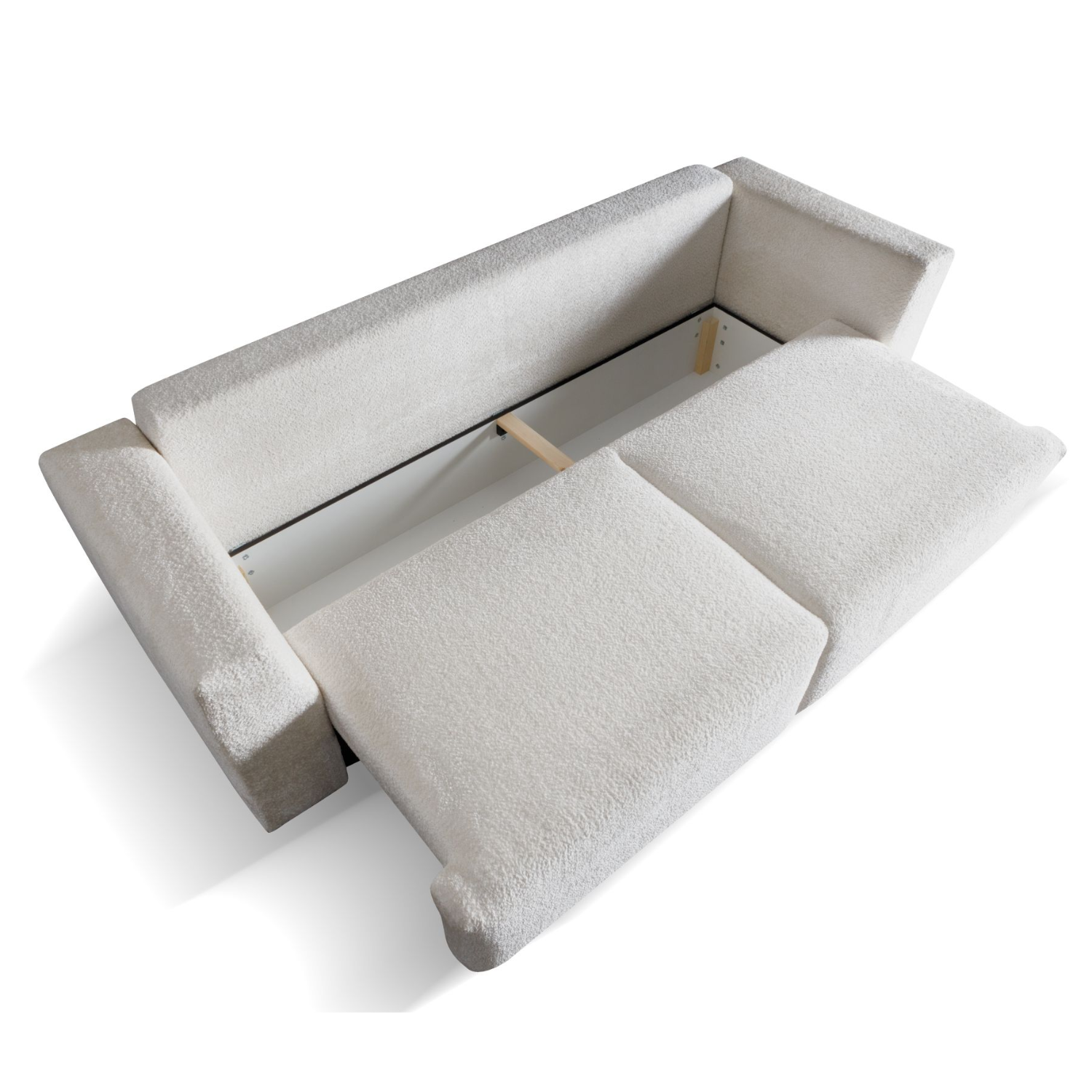 Canapé convertible avec coffre, coussins amovibles et revêtement en tissu bouclé