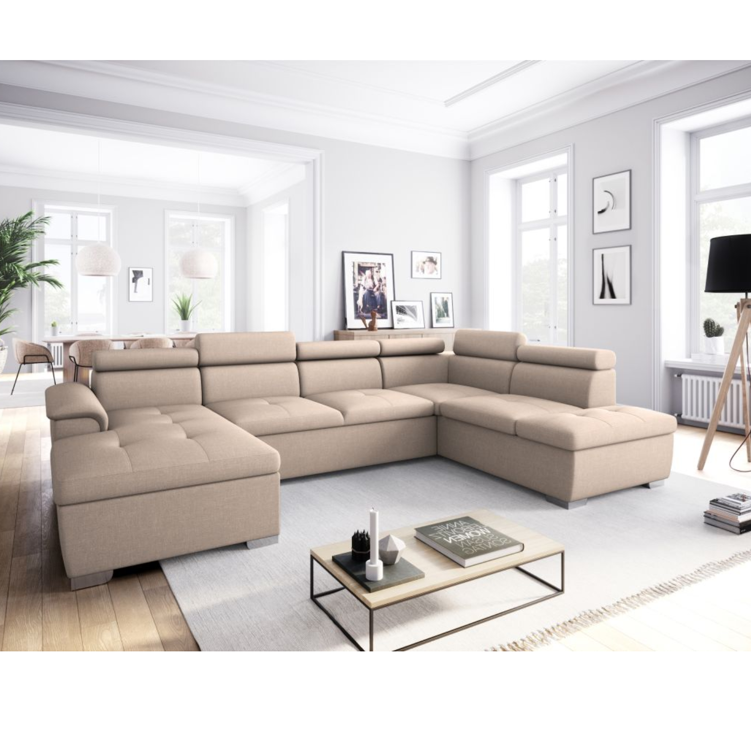 Canapé panoramique convertible avec 2 coffres en tissu