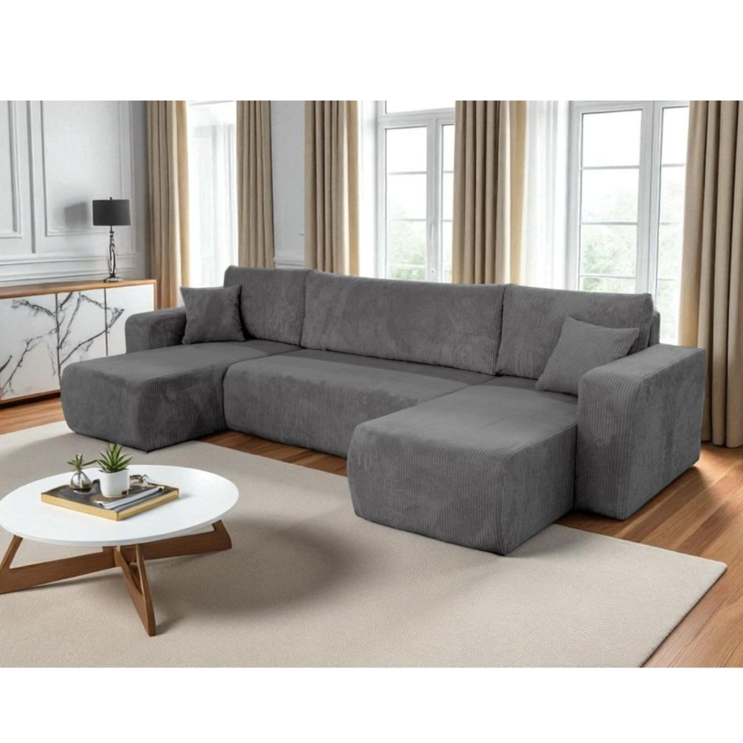 Canapé Panoramique – 5 Places – Convertible avec Coffre – Velours Côtelé