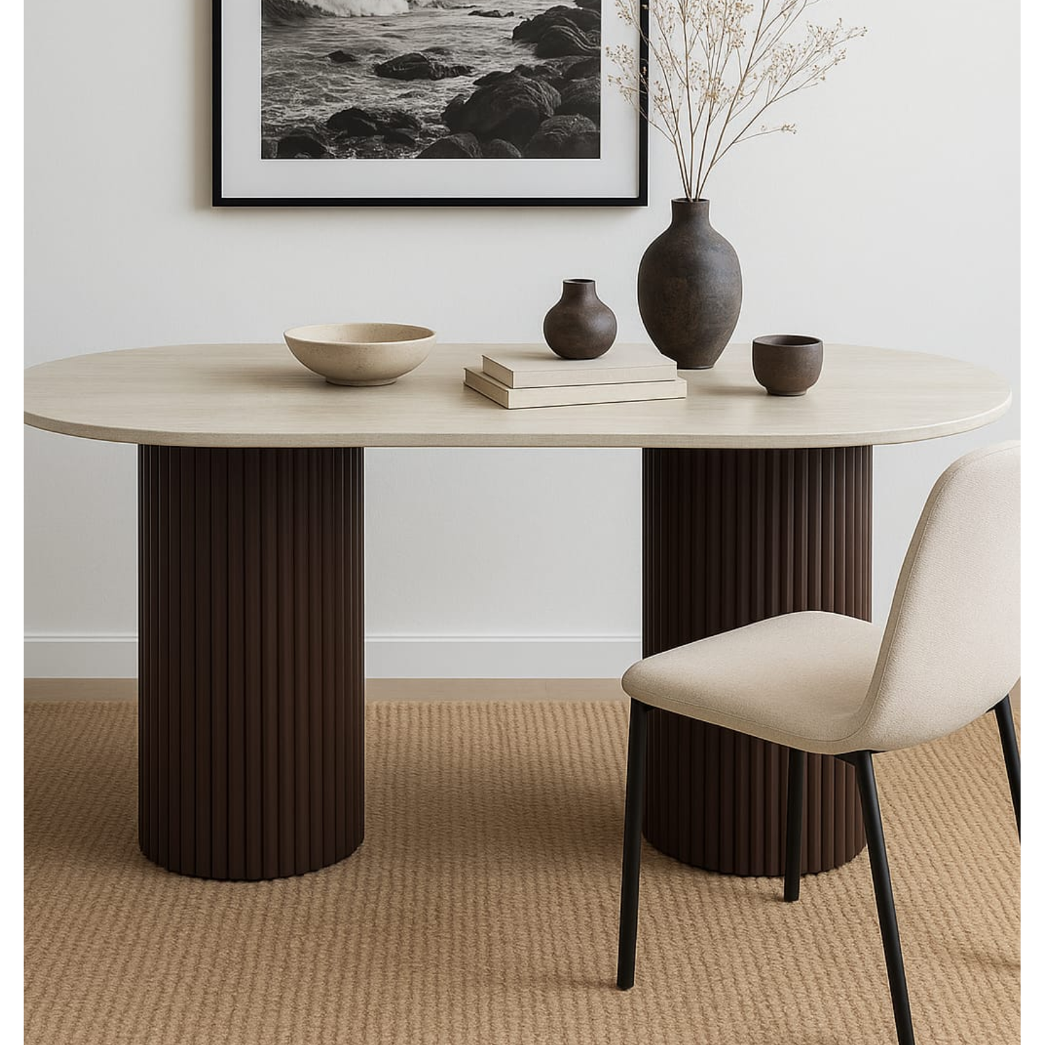 Table à Manger – Plateau Céramique Effet Travertin Mat & Pieds Métal Design | 160 ou 180 cm