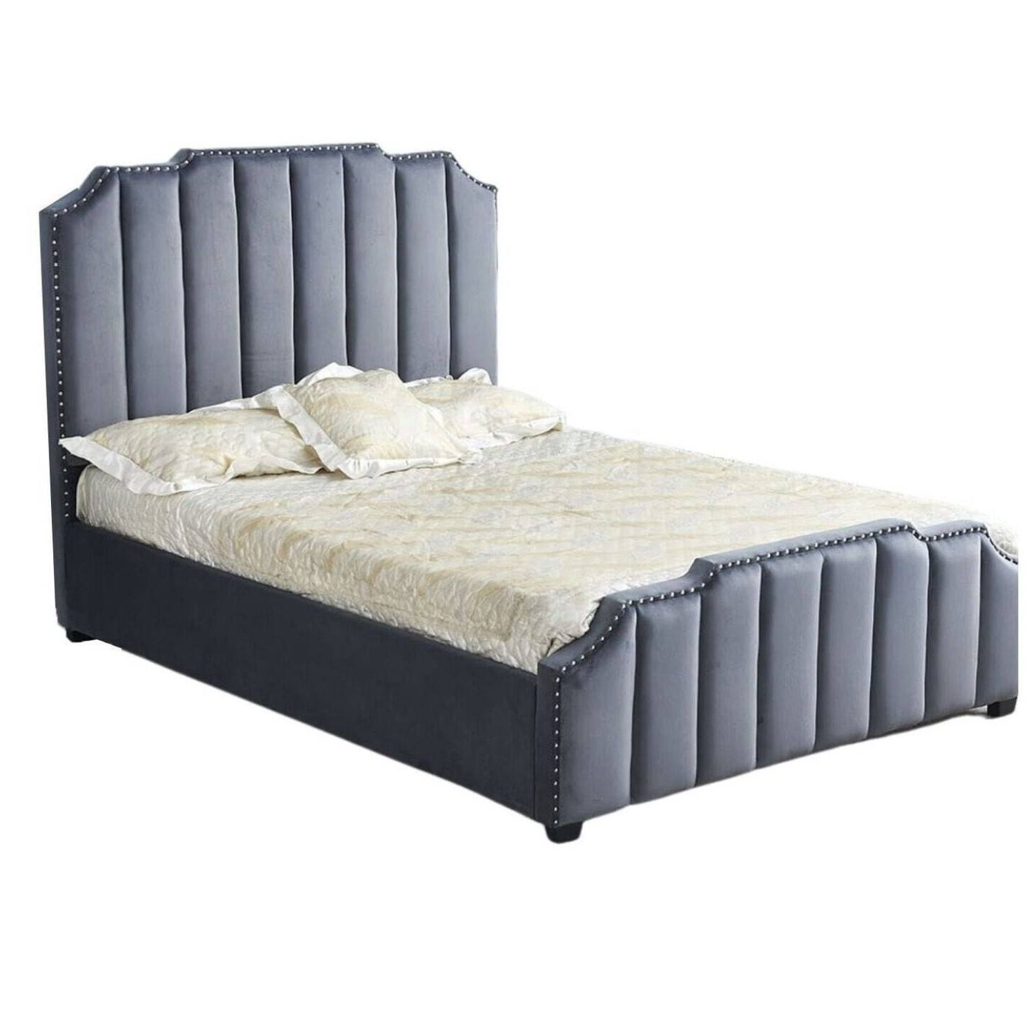 Lit capitonné en ligne revêtement en velours et sommier à latte en bois-160x200 cm