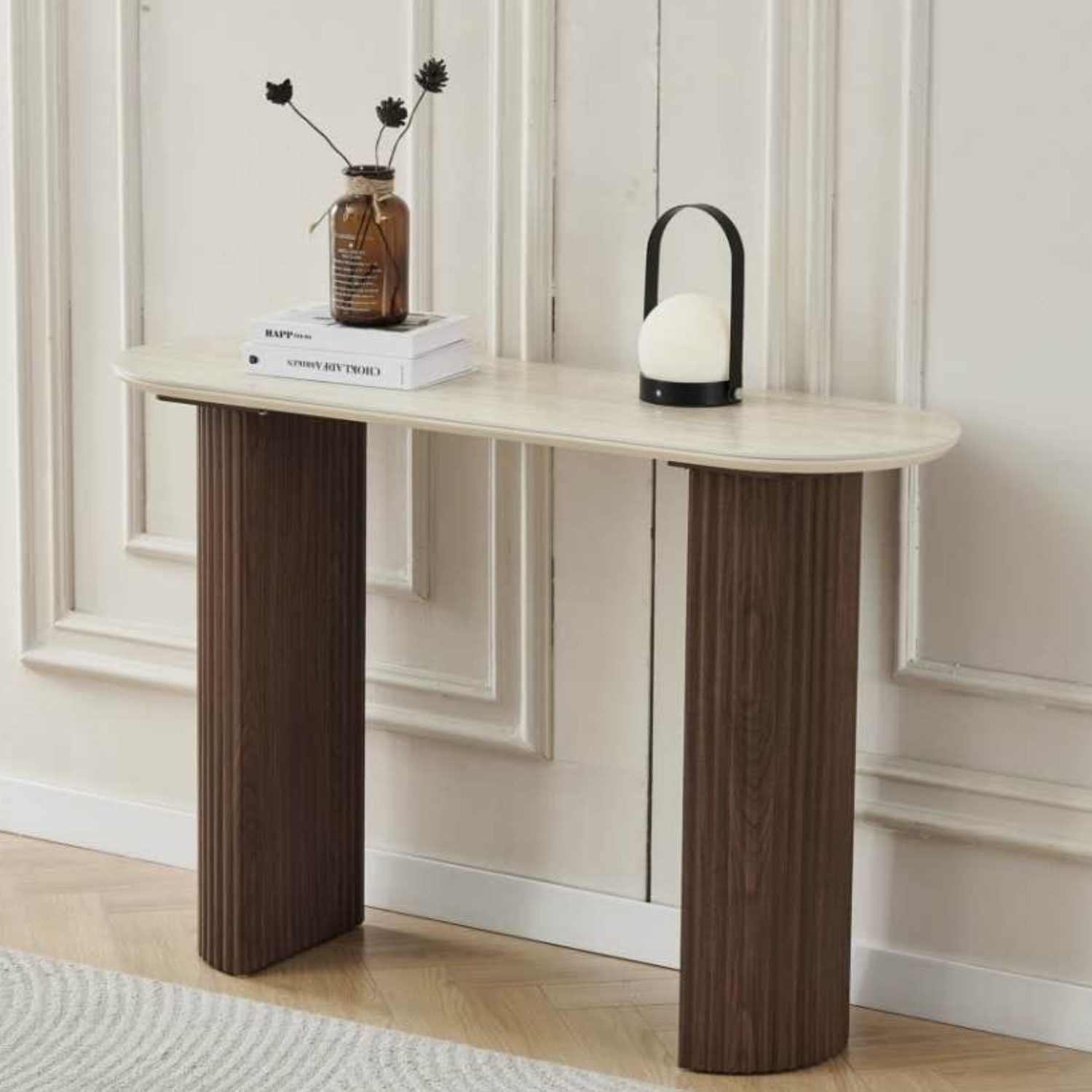 Console 120x40x80 cm – Plateau en céramique, Piétement MDF Travertin ou Noyer, Design Moderne