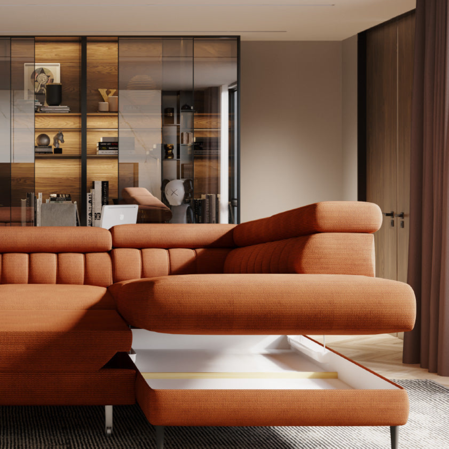 Canapé d’Angle  – Design Moderne, Système de Couchage DELFIN, Coffre de Rangement et Têtières Ajustables | Tissu Haut de Gamme