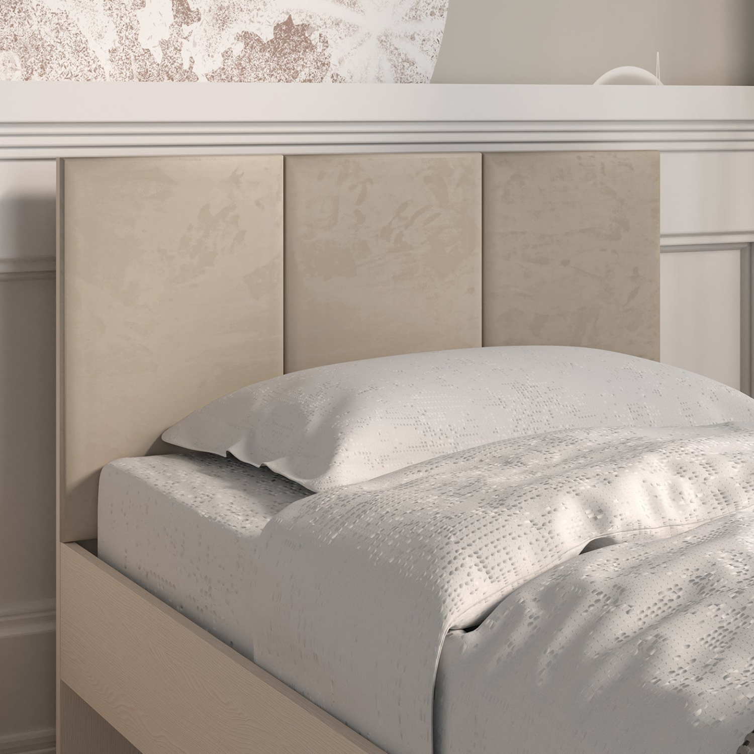 Lit enfant Moderne avec Tête de Lit en Velours Beige et Structure en Sable du Désert – Design Élégant et Confort Assuré