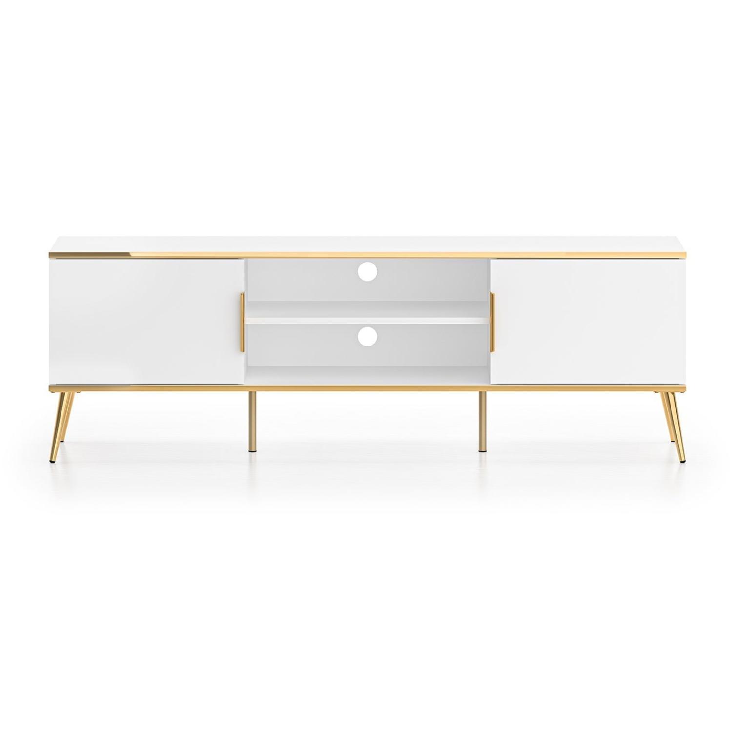 Meuble TV design moderne en bois blanc laqué mat & métal doré – rangement élégant