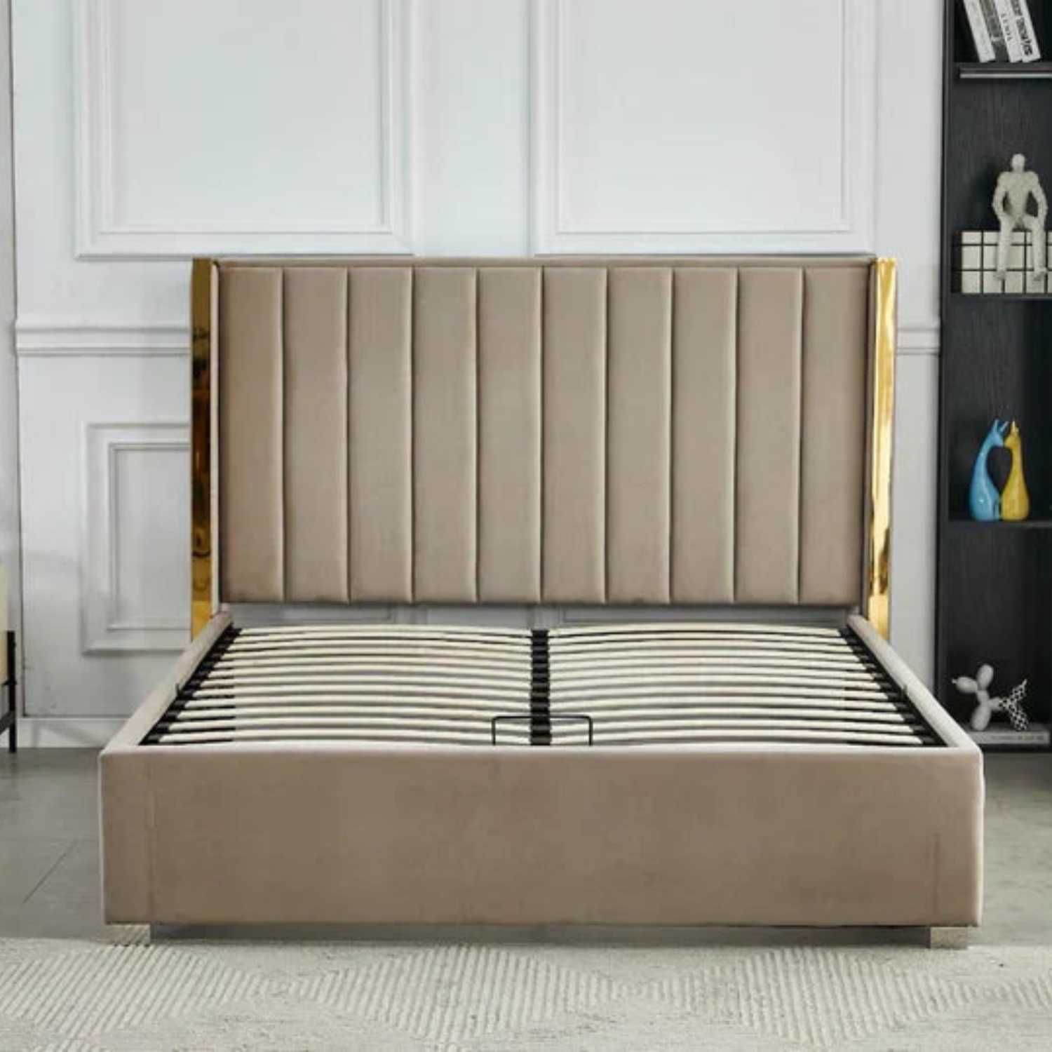 Lit Coffre avec Tête Capitonnée  avec Rangement  – Velours Taupe, Gris ou Noir – 140x200 / 160x200 cm