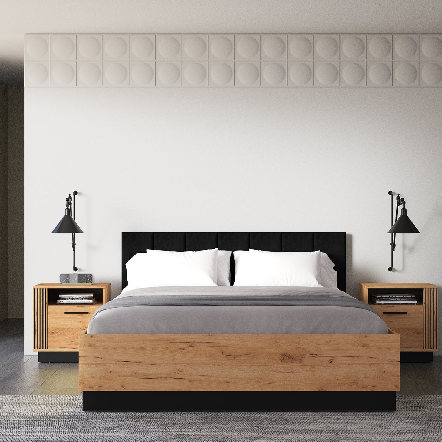 Lit en Chêne Craft Or + Noir avec Appuie-tête en Velours Noir – Design Élégant et Résistant