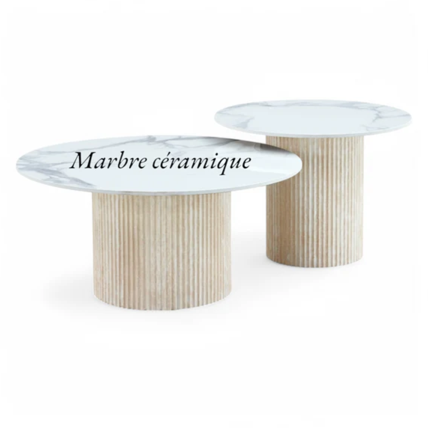 Table basse Plateau marbre en Céramique et Piètement Travertin