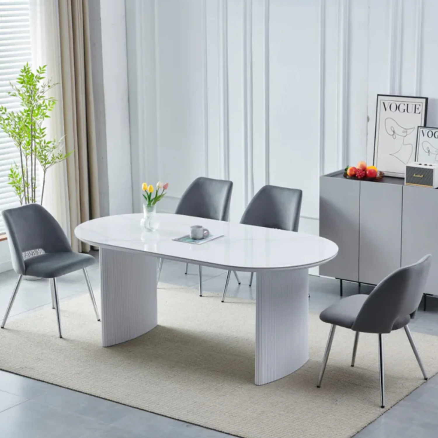 Table à Manger Céramique Marbre Blanc et Beige avec Piètement en Bois Laqué