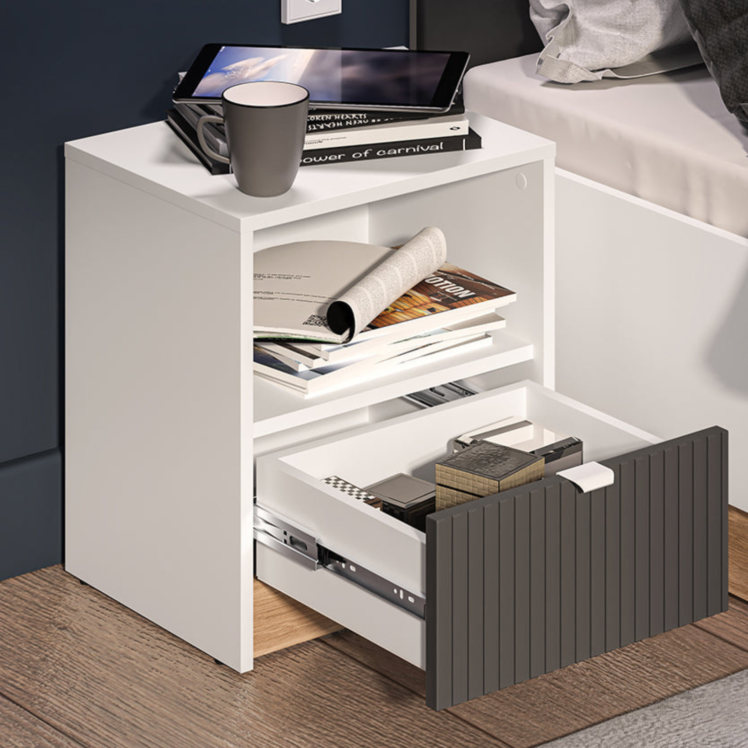Table de Chevet Moderne – Blanc, Graphite Mat & Chêne Castello