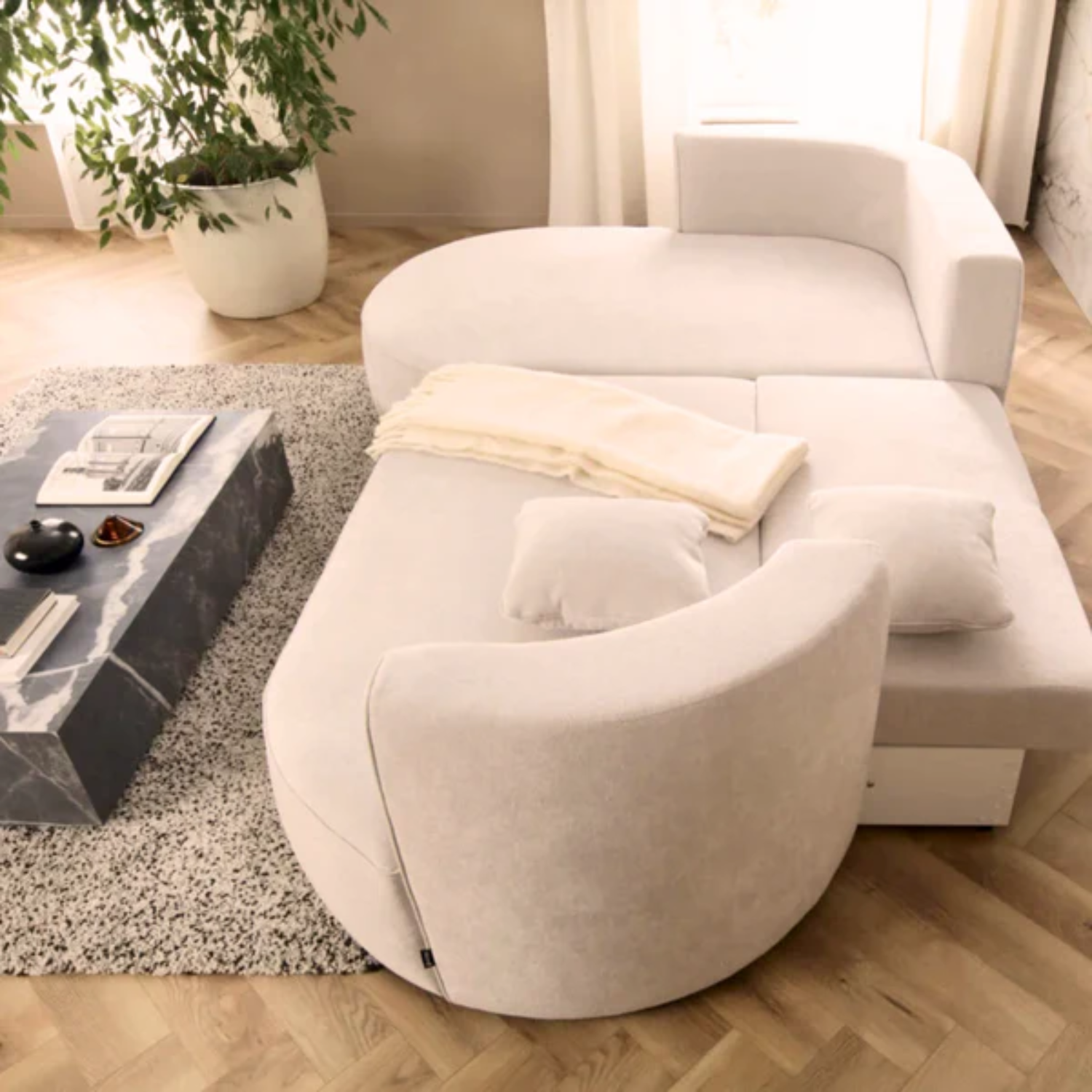 Canapé d’Angle Fiore S avec Coffre & Fonction Couchage – Design Arrondi