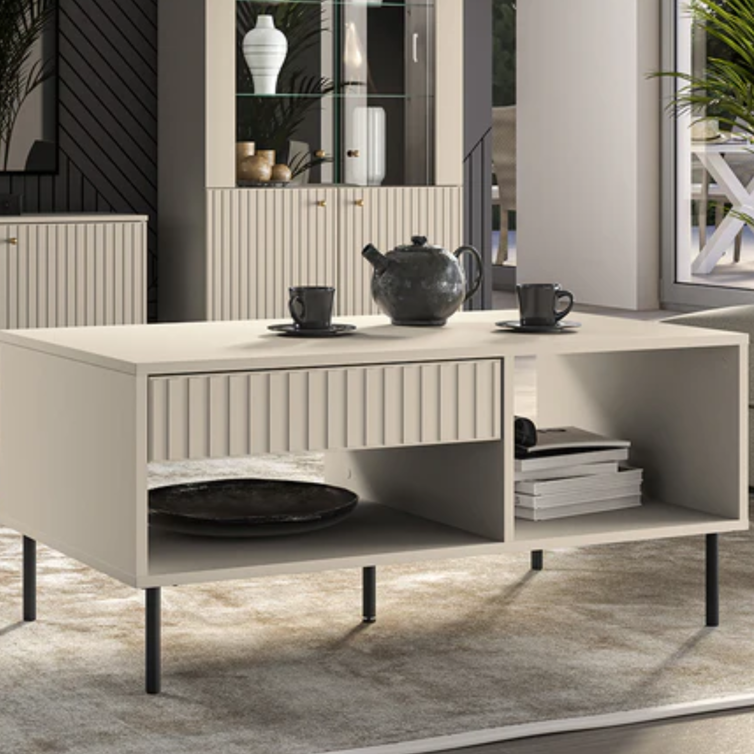 Table Basse Sofina couleur Cachemire avec Tiroir et Étageres Ouvertes