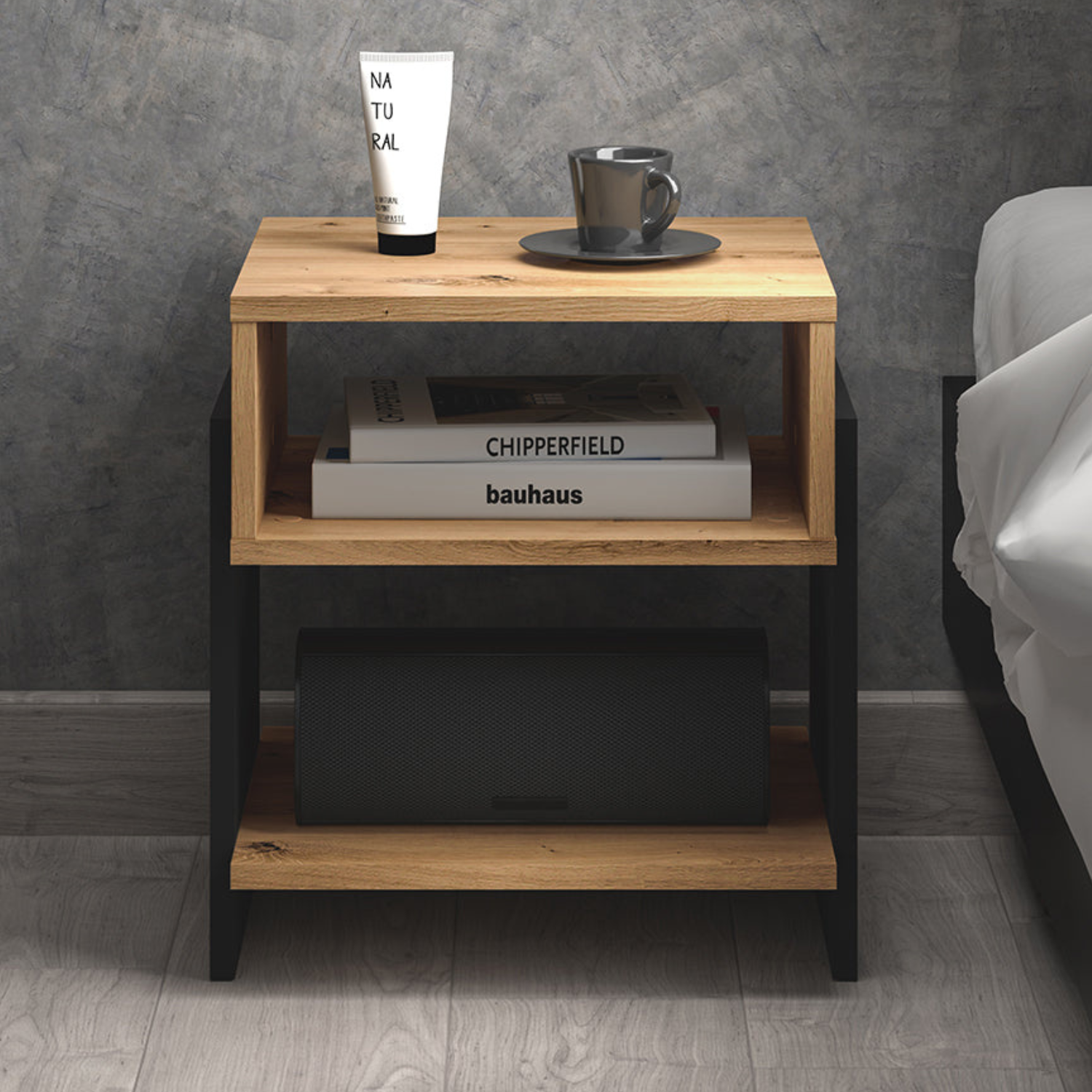 Table de chevet avec Bordure ABS - Résistance et Esthétique en Chêne Artisanal et Noir
