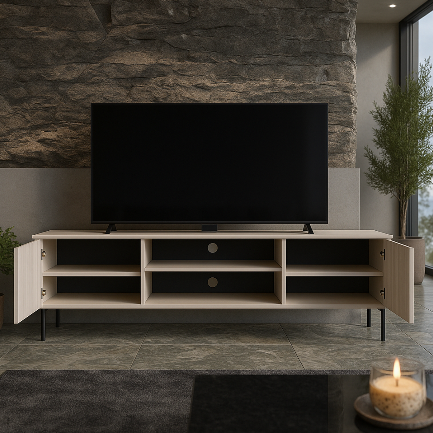 Meuble TV SOFINA 160 cm – Cachemire élégant – 2 niches fermées et étagères ouvertes