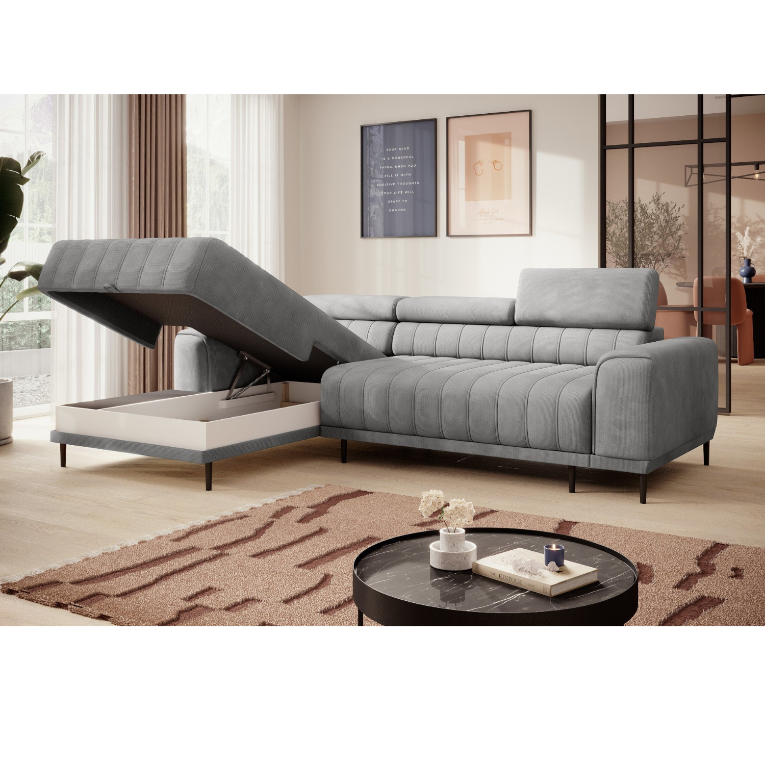 Canapé d’angle – Design moderne, appuis-tête réglables, lit d’appoint & coffre de rangement