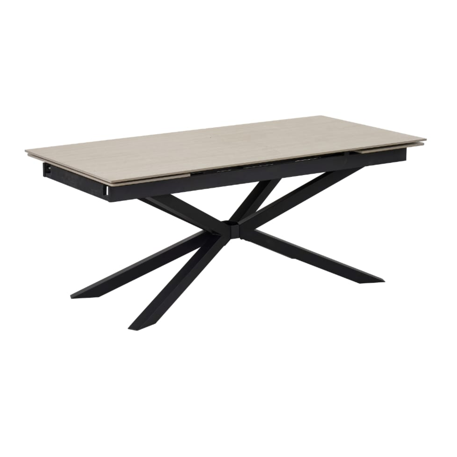 Table à manger extensible – Plateau céramique travertin mat ou blanc – Pied métal noir – 180/260x90x76 cm