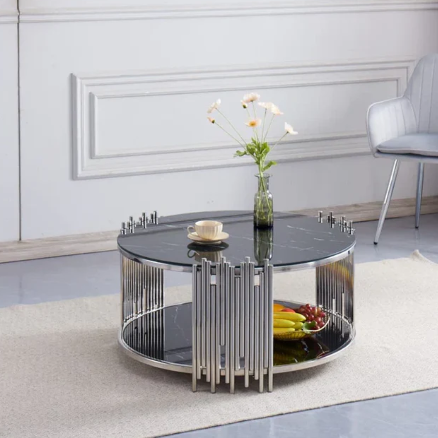 Table basse plateau couleur blanc pieds pieds dorés en acier inoxydable