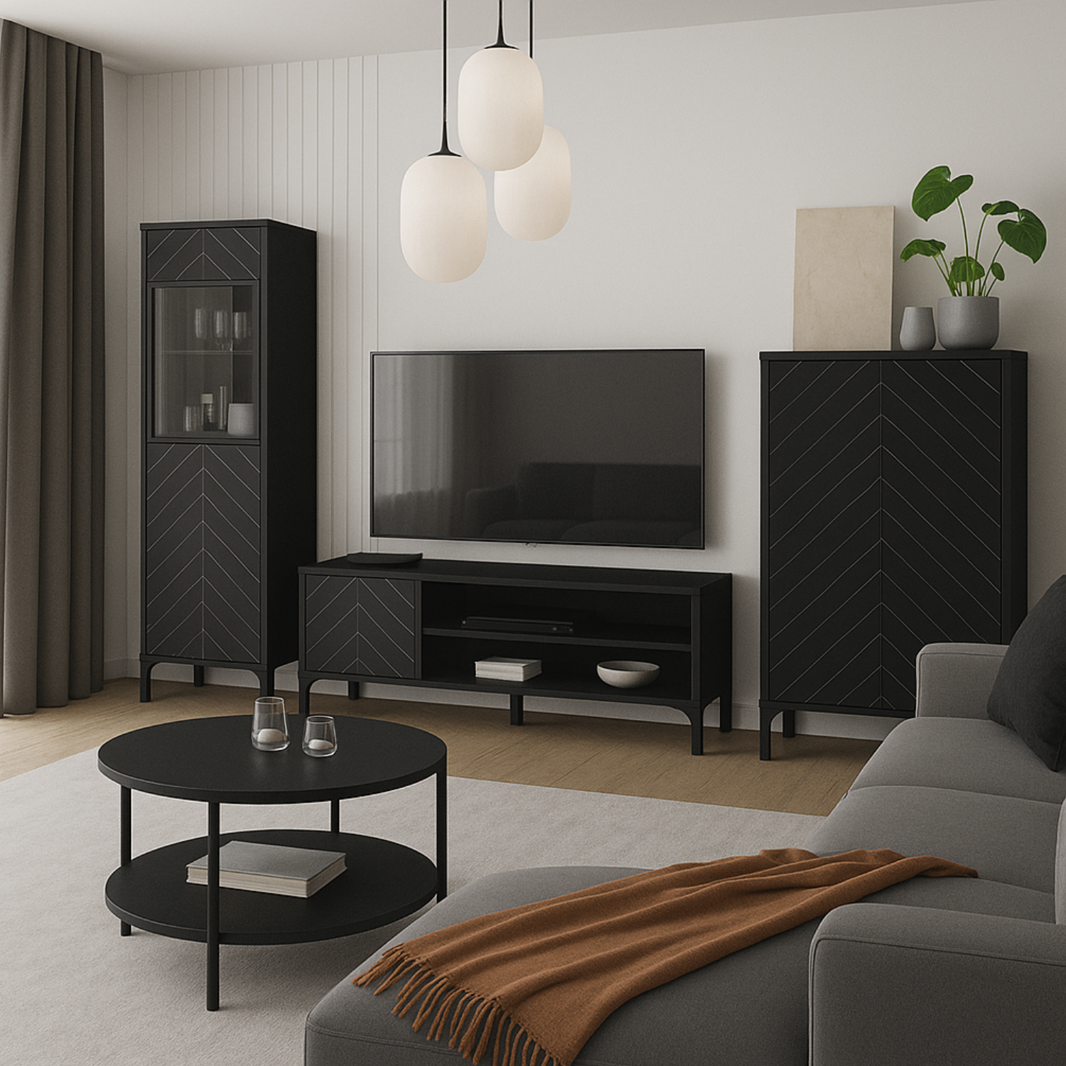 Meuble TV 135 cm – Noir mat avec façade motif chevrons