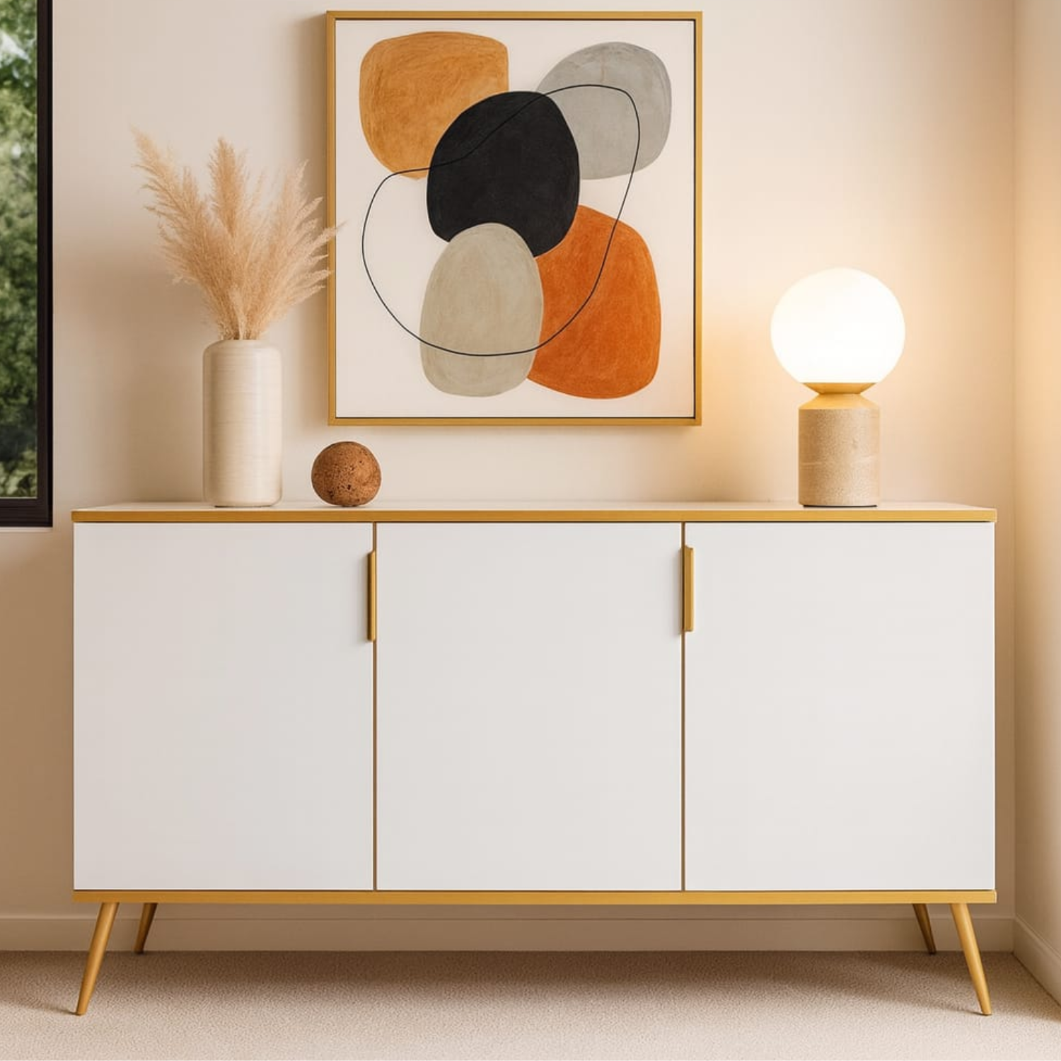 Commode, Buffet, Buffet en bois blanc brillant avec structure dorée – Fermeture silencieuse