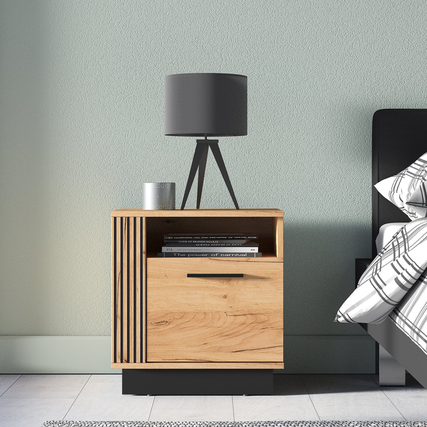 Table de Chevet Chêne Craft Gold et Noir – Assemblage Droite-Gauche, Design Moderne et Résistant